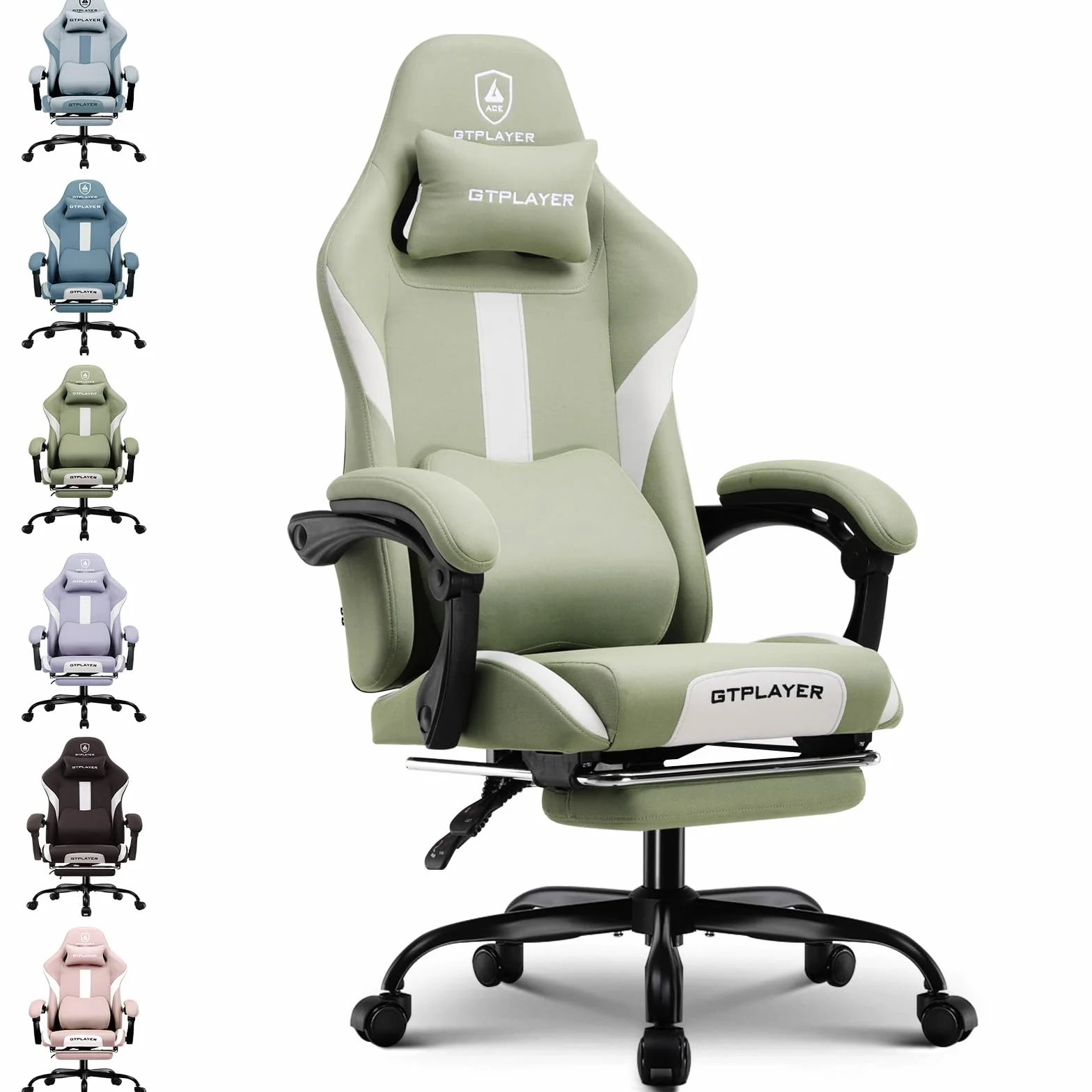 GTPLAYER Fotel Gamingowy, Fotel Dla Graczy, Wysokiej JakośCi Tkanina OddychająCa KrzesłO Biurowe, Ergonomiczny Fotel Do Komputera, Regulowany I Obrotowy Fotel Biurowy Z PodnóżKiem, Zielony
