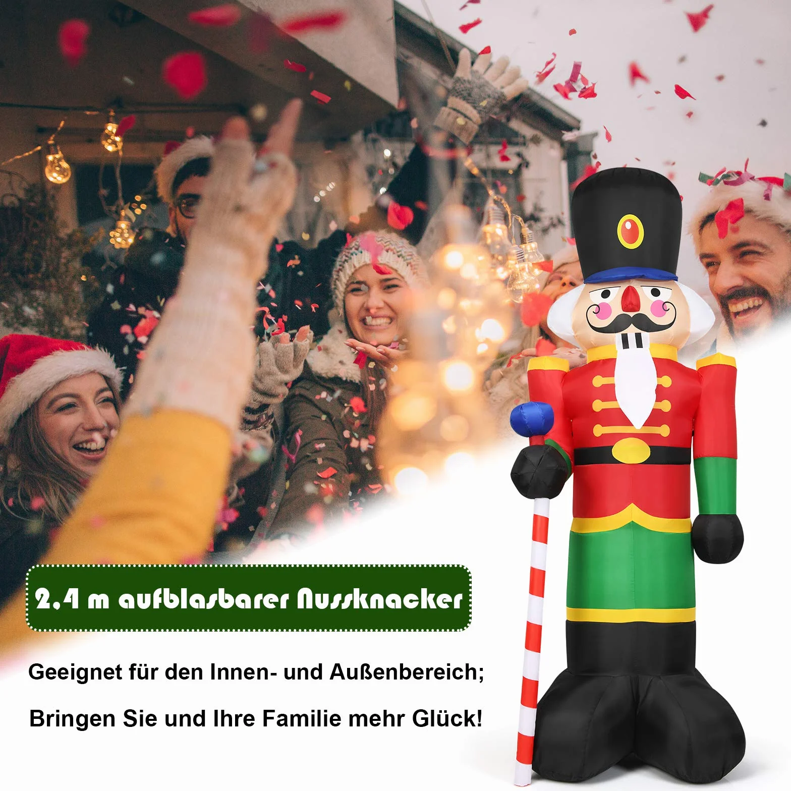 COSTWAY Dmuchany dziadek do orzechów, 240 cm, żołnierz Świętego Mikołaja, z 3 diodami LED, dekoracja bożonarodzeniowa do wewnątrz i na zewnątrz, samopompujący