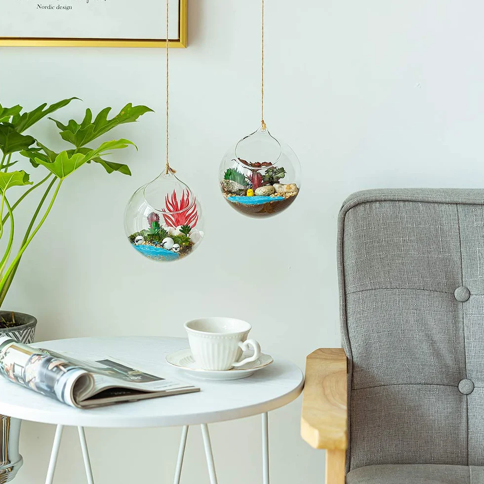 Wiszące szklane kule, terrarium, sukulenty, kule, szklana doniczka, duży otwór, paproć, rośliny, wazon, wieszak, na imprezę, ślub, ogród, design, 12 cm, 2 sztuki