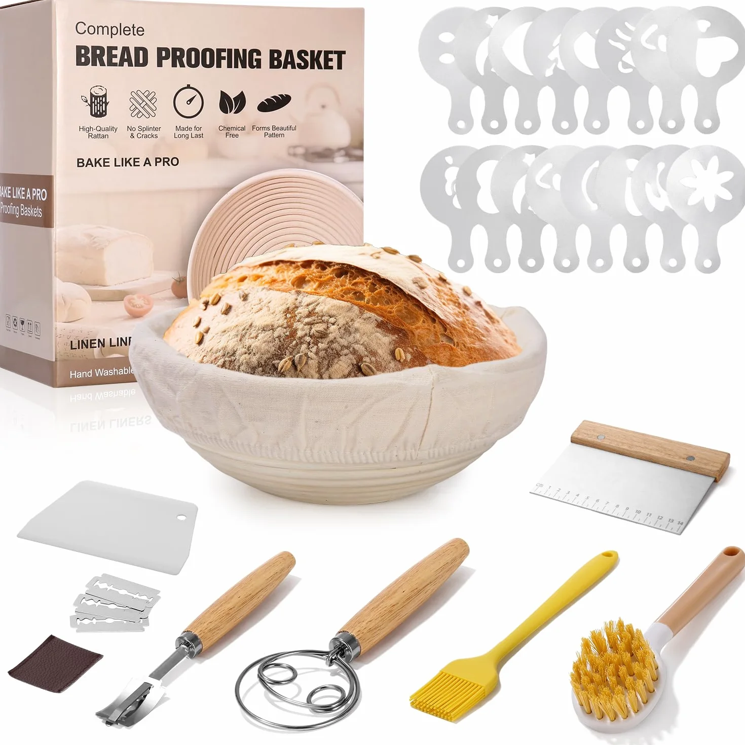 Kosz do fermentacji chleba, 23 cm okrągłe banetony do chleba, brotform naturalna miska rattanowa na chleb i ciasto, kompletny zestaw piekarza dla początkujących i doświadczonych