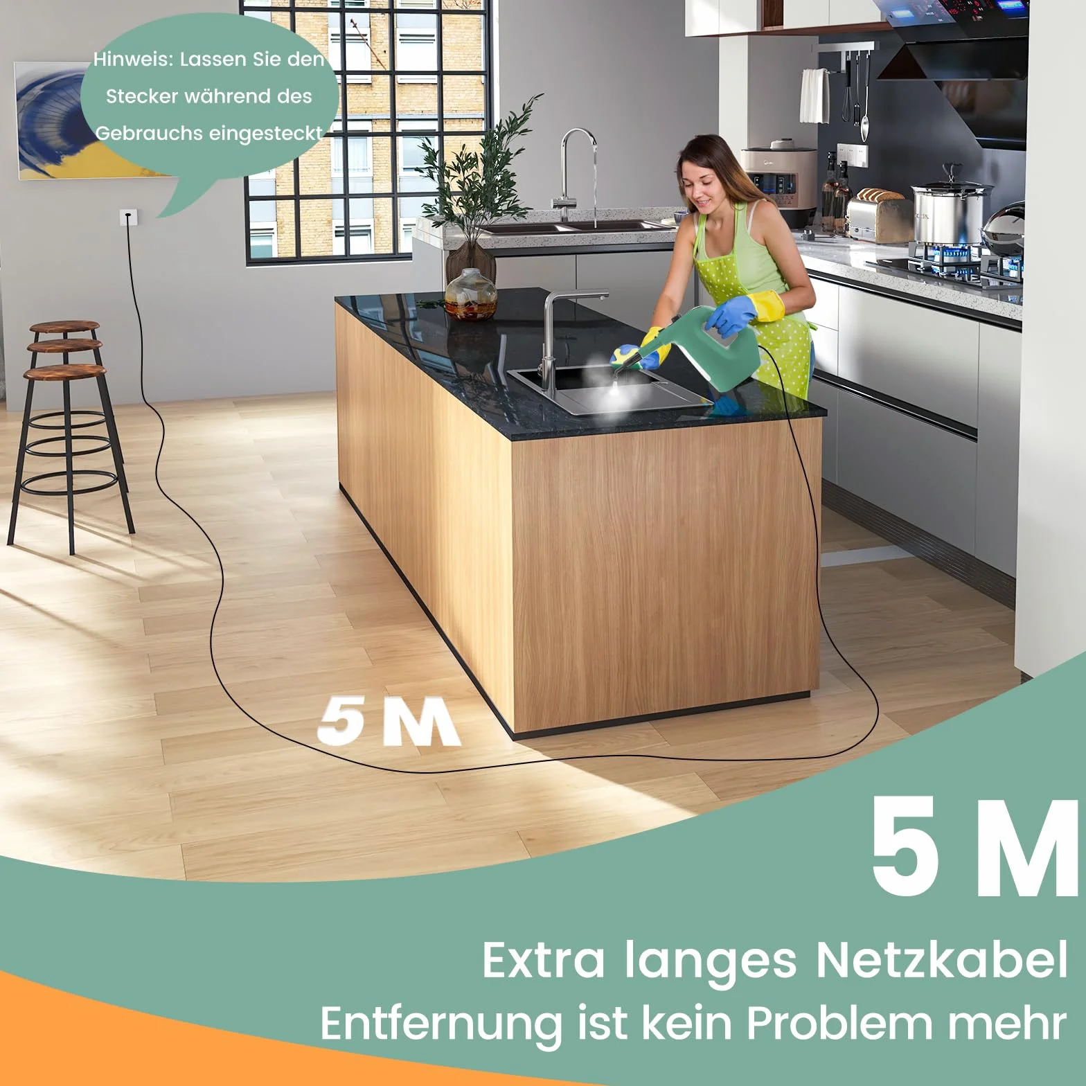 COSTWAY Myjka parowa 1500 W, zbiornik: 400 ml, temperatura: do 125℃, czas nagrzewania: 1 min, ciśnienie pary: 2 bar, urządzenie ręczne z 14 akcesoriami i kablem sieciowym 5 m (zielona)