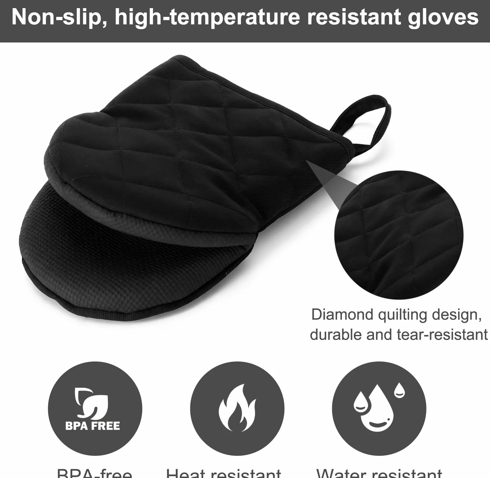 Zestaw 2 szt. Pot Holder Glove 230°C, silikonowe, w zestawie 2 haczyki ścienne do kuchni, łapki do garnków, krótki fason, z antypoślizgową powierzchnią i oczkiem do zawieszania – rękawice