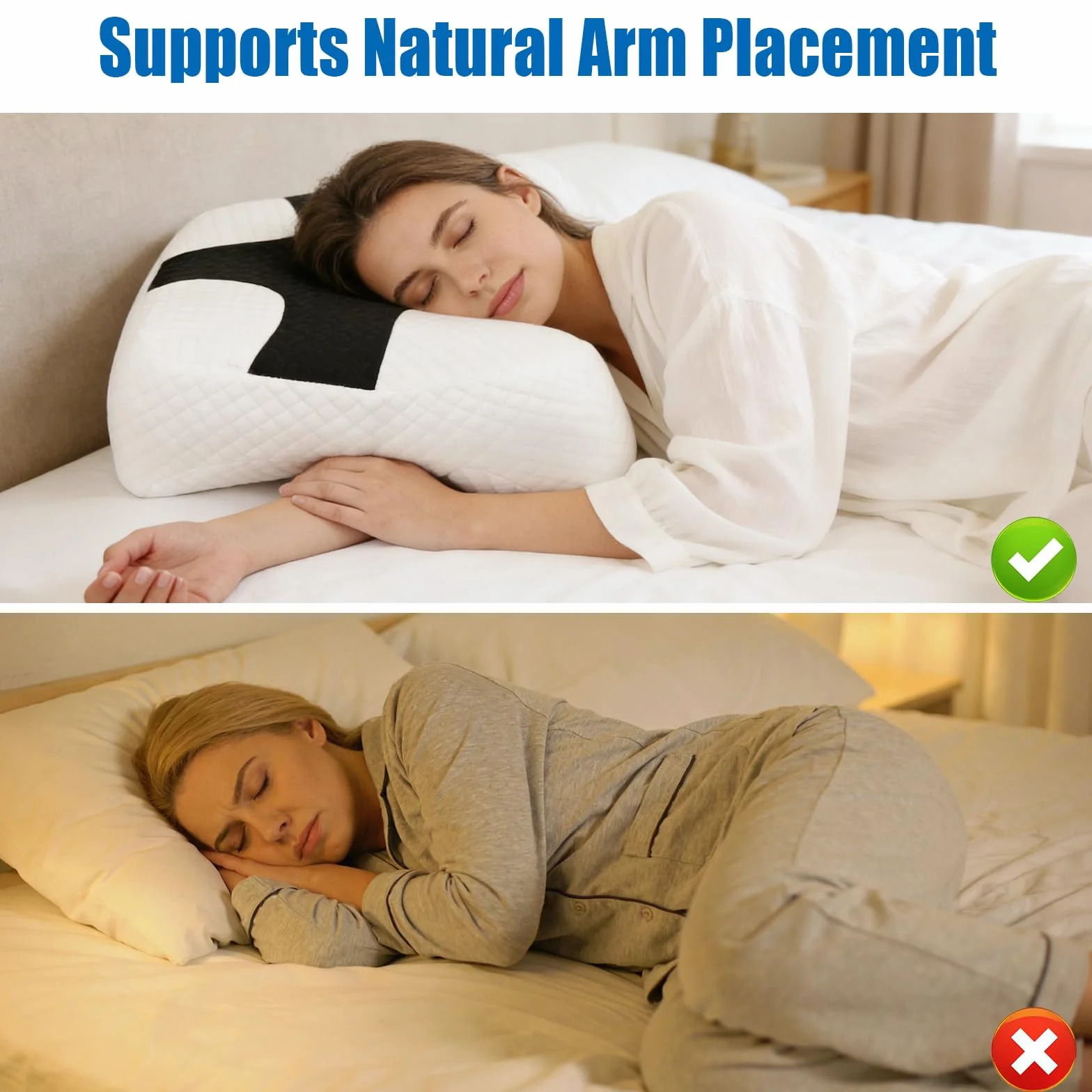 Poduszka ergonomiczna Memory Foam z otworem na ramię do spania | Poduszka z pianki memory dla dorosłych, 3 otwory na ramiona, wspiera spanie na boku, plecach i brzuchu