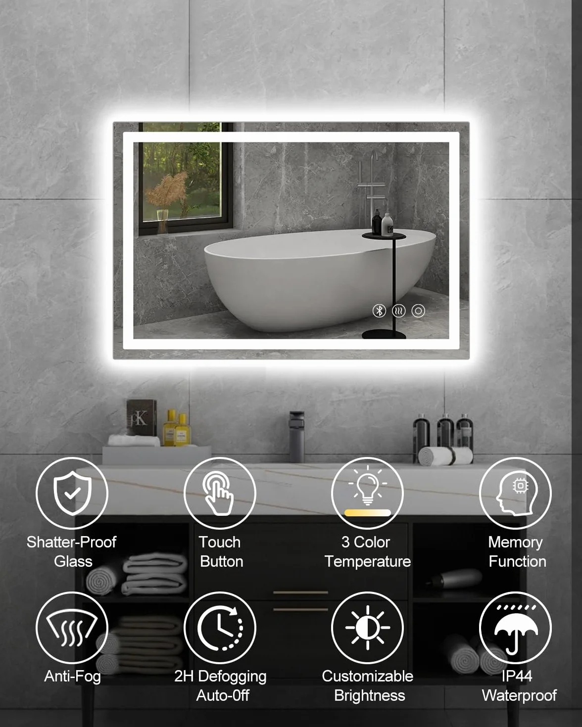 Lustro łazienkowe z oświetleniem LED, 60 x 80 cm, z Bluetooth, funkcja przeciwmgielna, przełącznik dotykowy, funkcja pamięci, funkcja pamięci, IP44, lustro łazienkowe do łazienki, WC