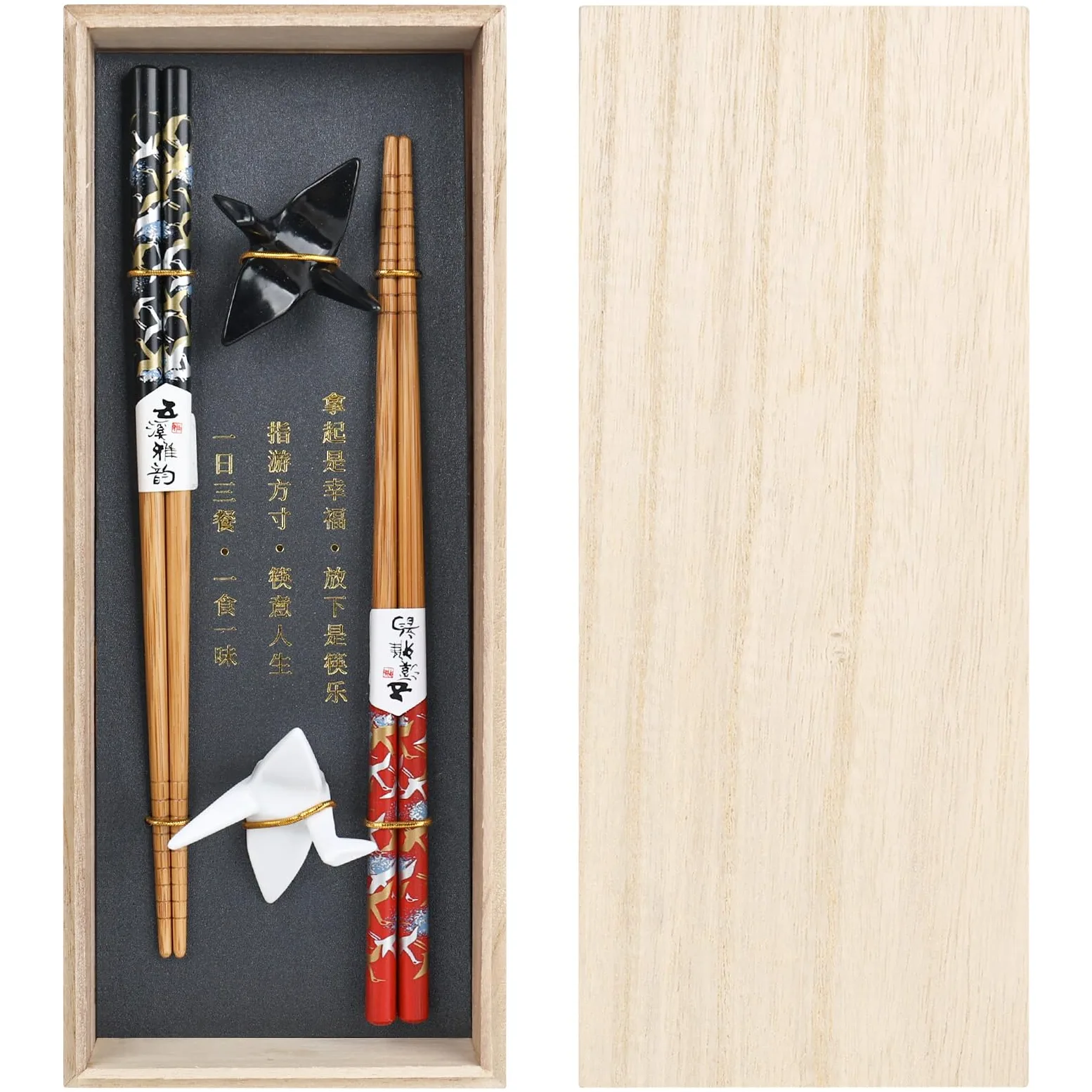 Zestaw pałeczek do sushi origami, 2 pary wraz z podkładkami ceramicznymi, ekskluzywne drewniane opakowanie, styl japoński, chiński, koreański i tajwański
