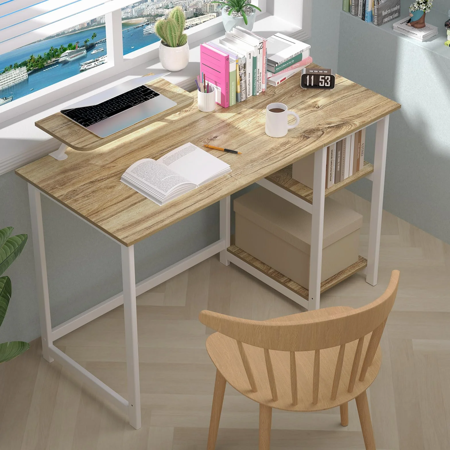 GreenForest Biurko Komputerowe ze Stojakiem na Monitor, 100 cm do Domowego Biura z Odwracalnymi Półkami do Przechowywania Laptopów, Małych Biur i Stanowisk Pracy, Beżowe