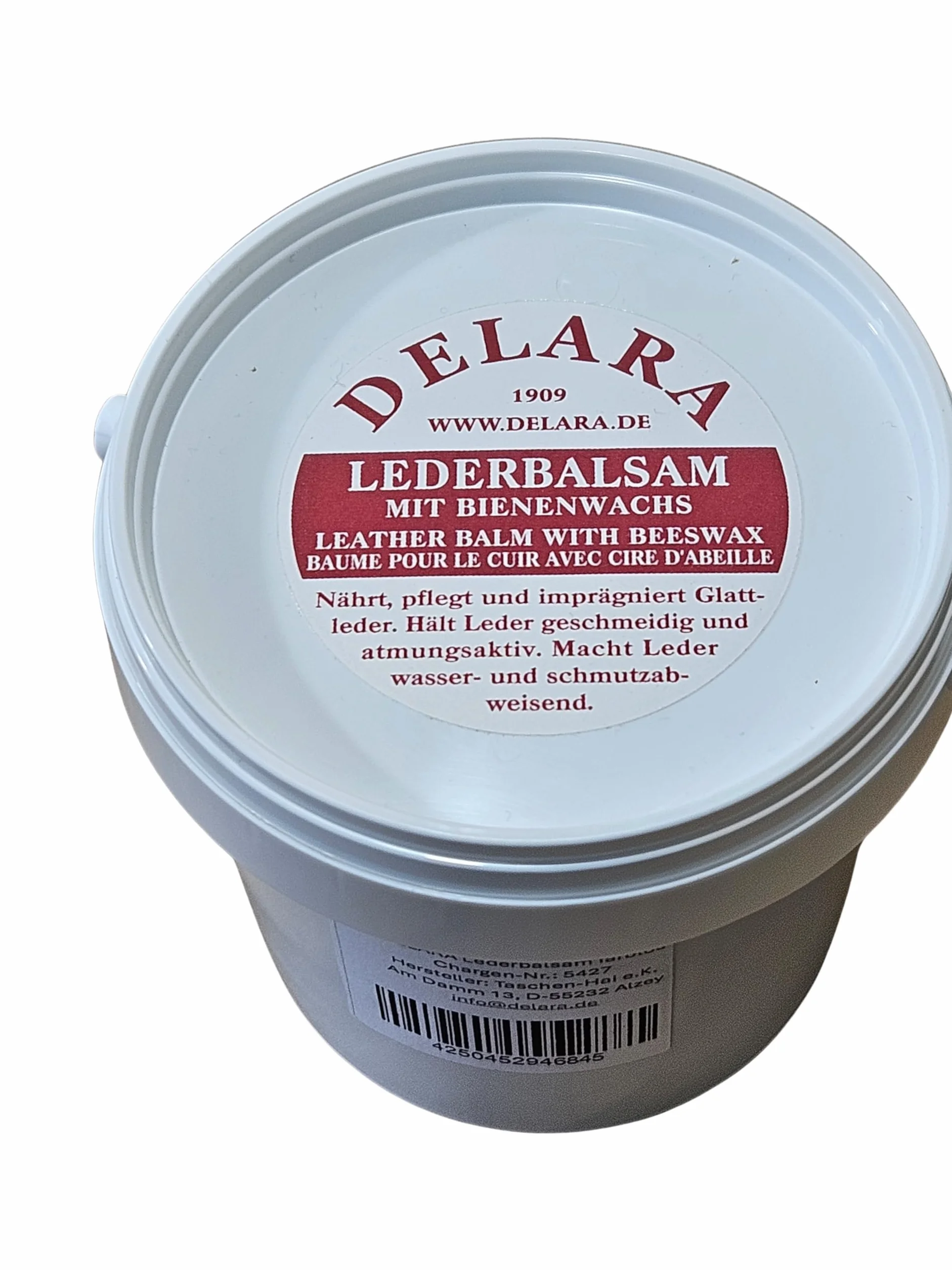 DELARA Balsam do skóry, bezbarwny, z wysokiej jakości woskiem pszczelim, sprawia, że skóra jest gładka i wodoodporna, 500 ml w wiaderku, wyprodukowano w Niemczech