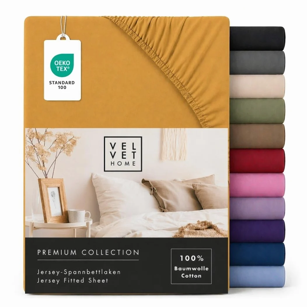 VelvetHome Prześcieradło z gumką 140x200cm 100% Bawełna czesana Jersey Jakość Premium Musztarda 140 x 200 +30