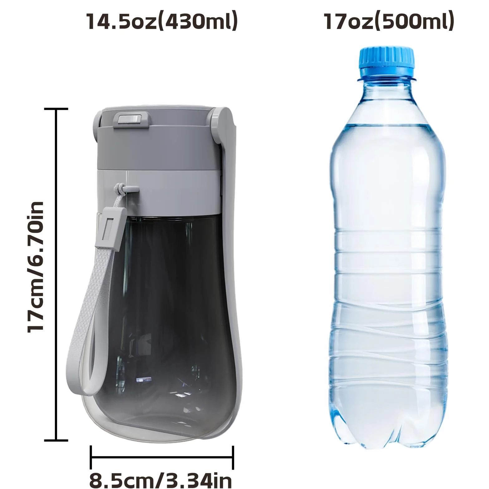 Składana butelka na wodę dla psa, przenośny dystrybutor wody dla zwierząt domowych, szary, 430ml