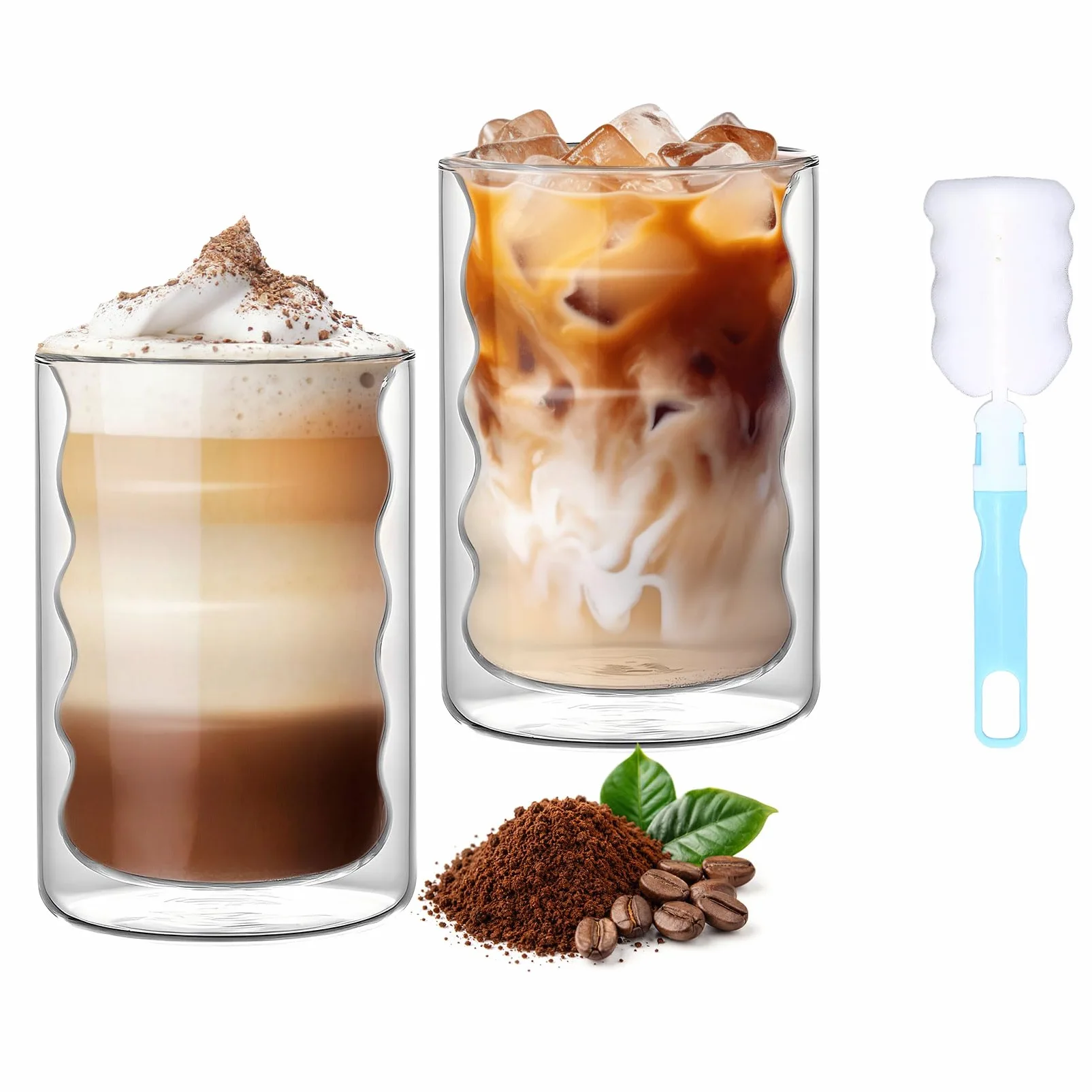 Zestaw 2 szklanek do latte macchiato 375 ml, podwójne ścianki – izolowane szklanki do kawy ze szczotką, duże szklanki termiczne do kawy, herbaty i cappuccino