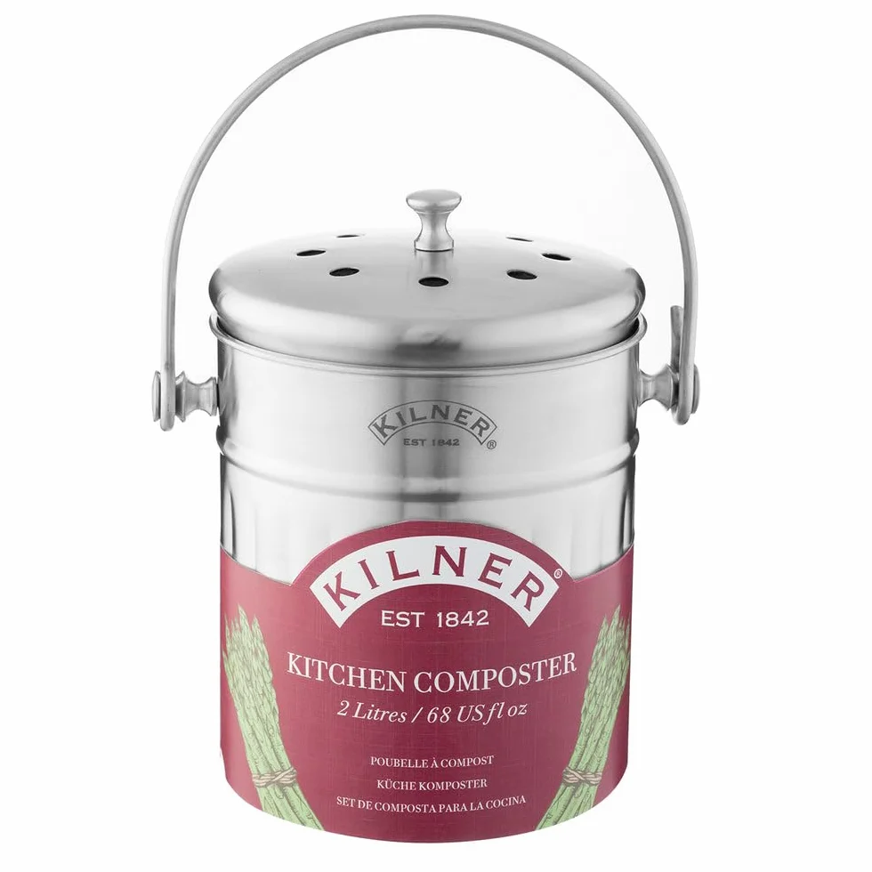 Kilner Kompostownik kuchenny ze stali nierdzewnej, 2 litry, kosz na odpady organiczne, 17,5 x 14,5 x 20 cm, pokrywka z otworami wentylacyjnymi i wbudowanym filtrem z węglem aktywnym, bezzapachowy, na