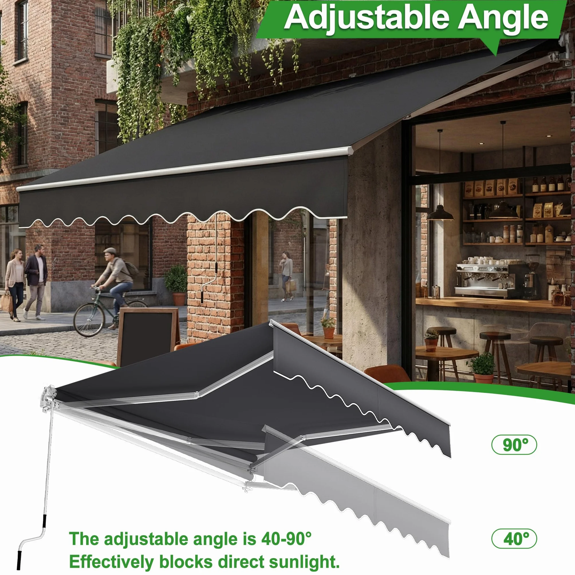 UISEBRT Markiza balkonowa o szerokości 300 cm – aluminiowa markiza z przegubem, ochrona przed słońcem, ręczna markiza zaciskowa, z korbą ręczną, wodoszczelna, ciemnoszara (400 x 300 cm)