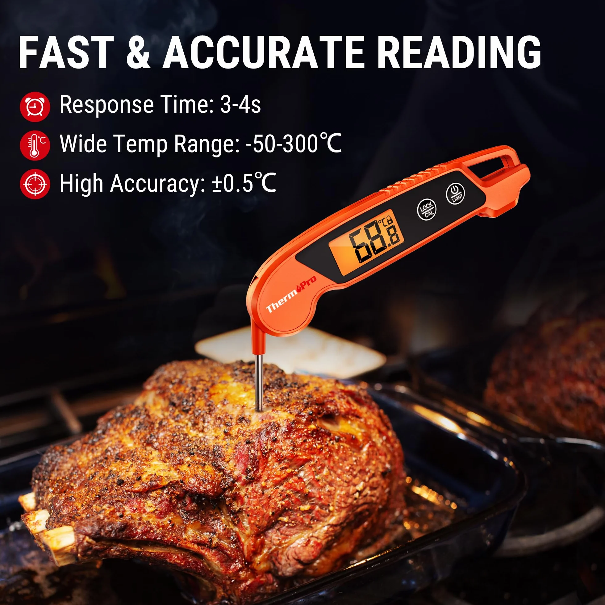 ThermoPro Termometr do mięsa, wodoodporny, do grilla, ze składanymi sondami, z natychmiastowym odczytem, ​​termometr kuchenny, odpowiedni do wody, płynu, grillowania, pieczenia, TP603 | Natychmiastowy odczyt LCD termometr kuchenny z podświetleniem nadaje
