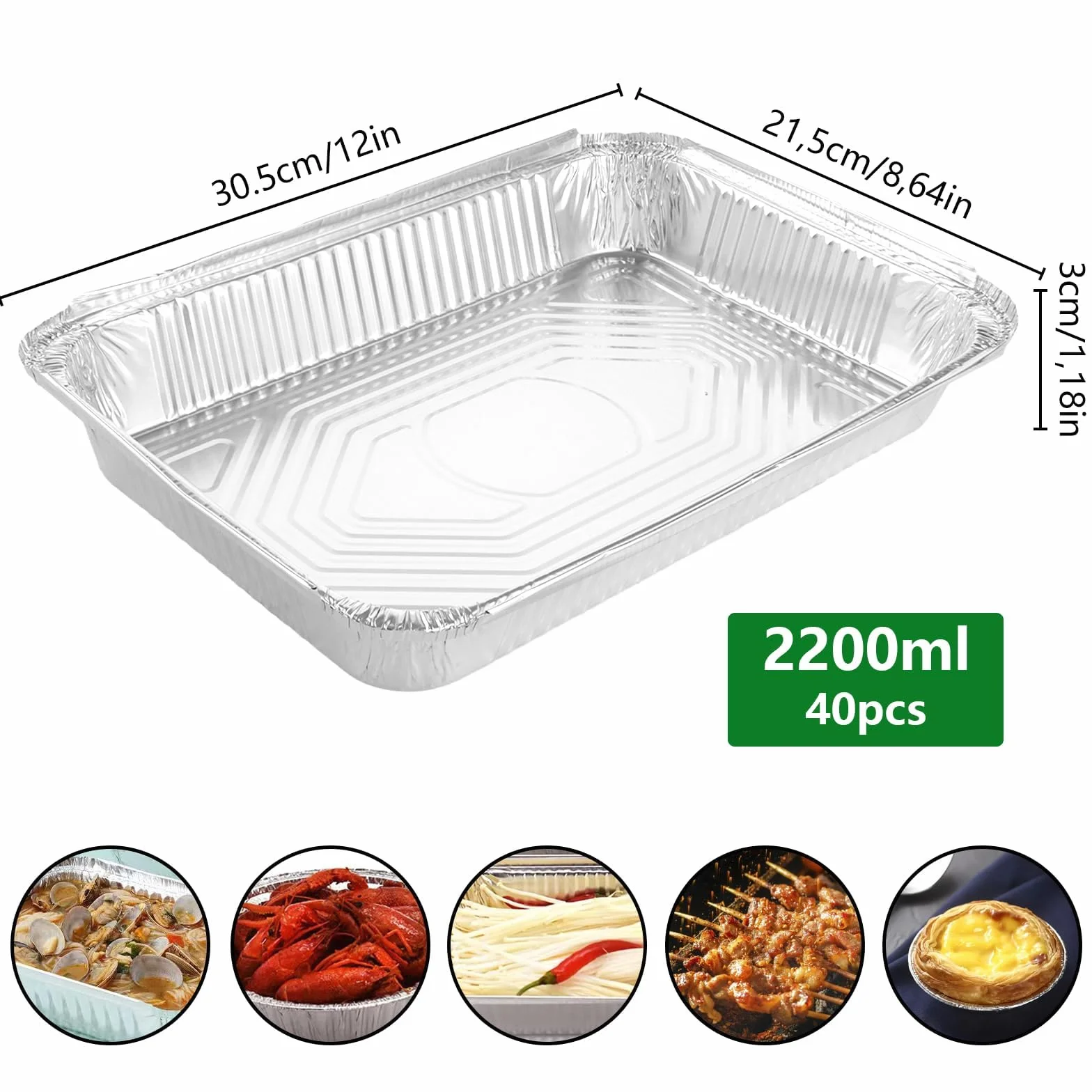 40 sztuk aluminiowych misek z pokrywką 2200 ml, aluminiowe miski do grillowania z pokrywką, duże miski aluminiowe, jednorazowe miski aluminiowe, do pieczenia, pieczenia, gotowania, 30,5 x 21,5