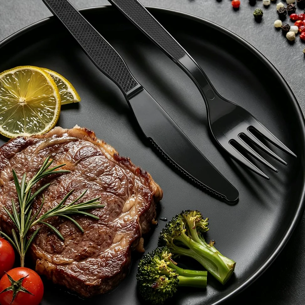 AUAUY Zestaw sztućców wielokrotnego użytku, 50 widelców, 50 noży stołowych, 10 łyżek, nadają się do prania, wytrzymałe, przyjazne dla środowiska sztućce imprezowe na uroczystości rodzinne, kolacje na