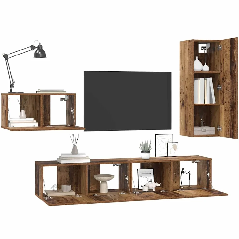 4-częściowy zestaw szafek pod telewizor, stare drewno, 30,5 x 30 x 90 cm, materiał drewnopochodny, wisząca, nowoczesny design, konsola do salonu, oszczędność miejsca