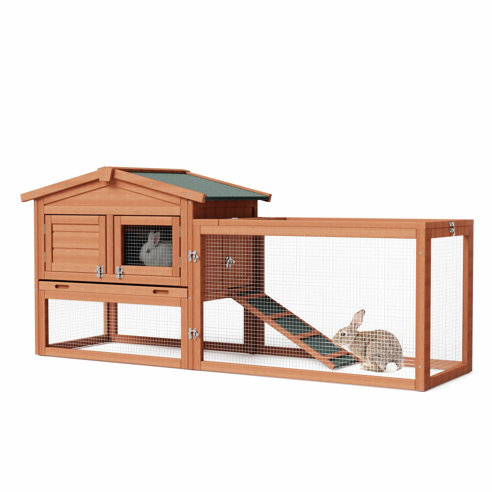 Klatka dla królików Wiltec XXL 1560 x 520 x 680 mm z wybiegiem i podwyższoną budką z drewna świerkowego, klatka dla królików z 2 piętrami, klatka dla małych zwierząt