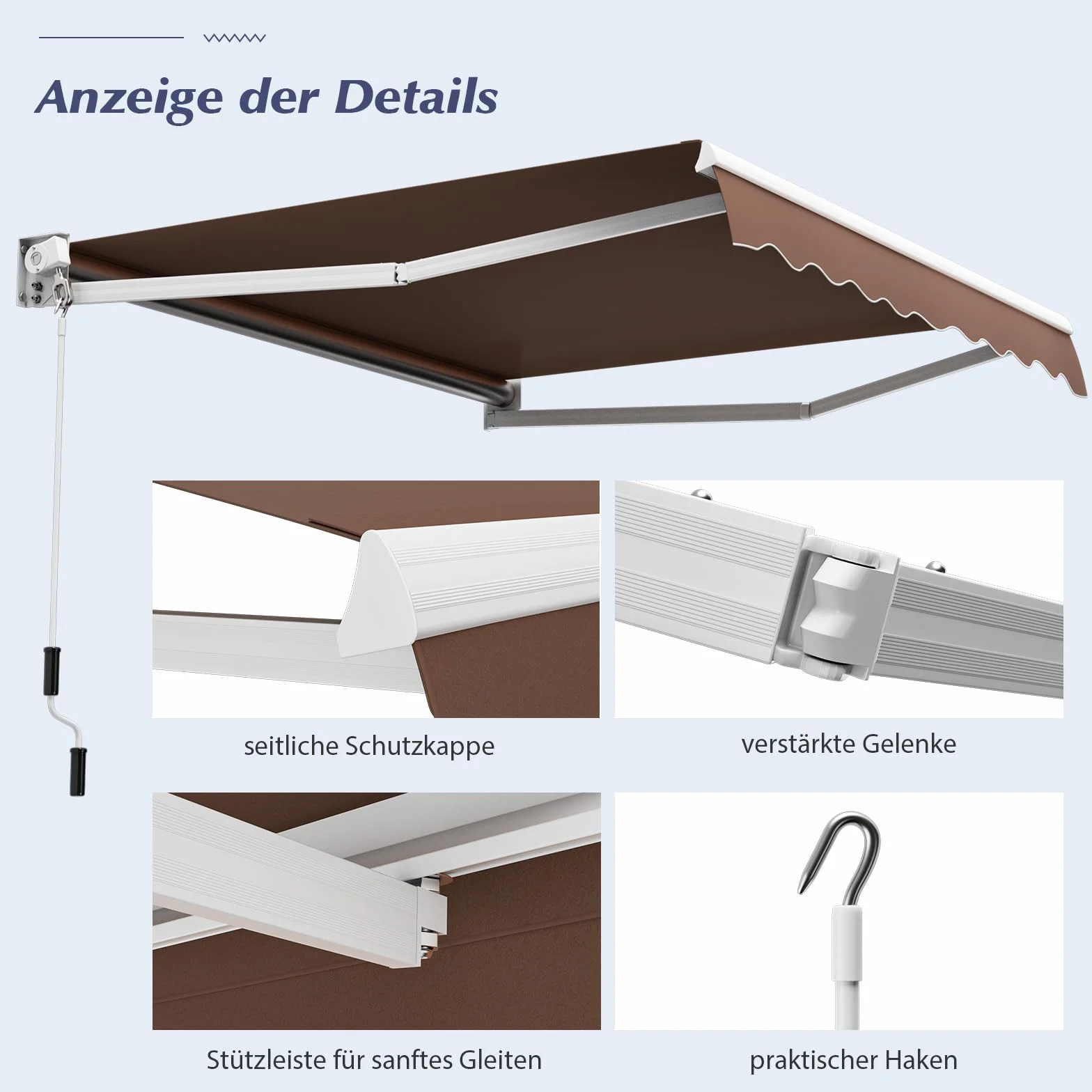 COSTWAY 3 x 2,5 m markiza z ramieniem przegubowym, markiza balkonowa, tarasowa, markiza zaciskowa z materiału odpornego na promieniowanie UV i wodę, aluminiowa rama i korba, na balkon i werandę