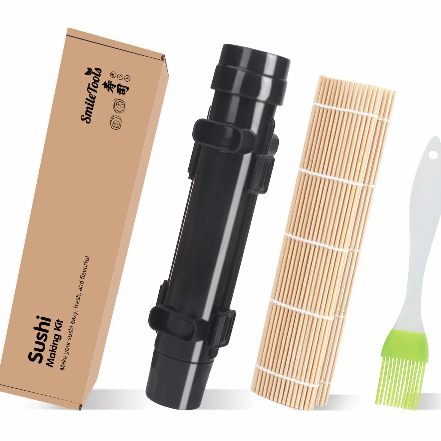 SmileTools Zestaw do robienia sushi, wałek do sushi, sushi bazooka, maszyna do sushi, bambusowa mata do zwijania sushi dla początkujących (czarny)