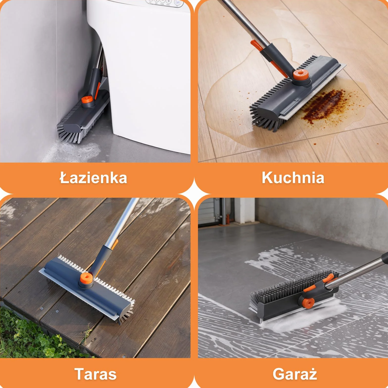 Mitclear Szczotka do Szorowania Podłóg z Długim Uchwytem(122cm), Szczotka do Szorowania 3 w 1 ze Sztywnym Włosiem i Ściągaczką do Szorowania Podłóg w Kuchni, Łazience, Tarasie, Patio, Garażu