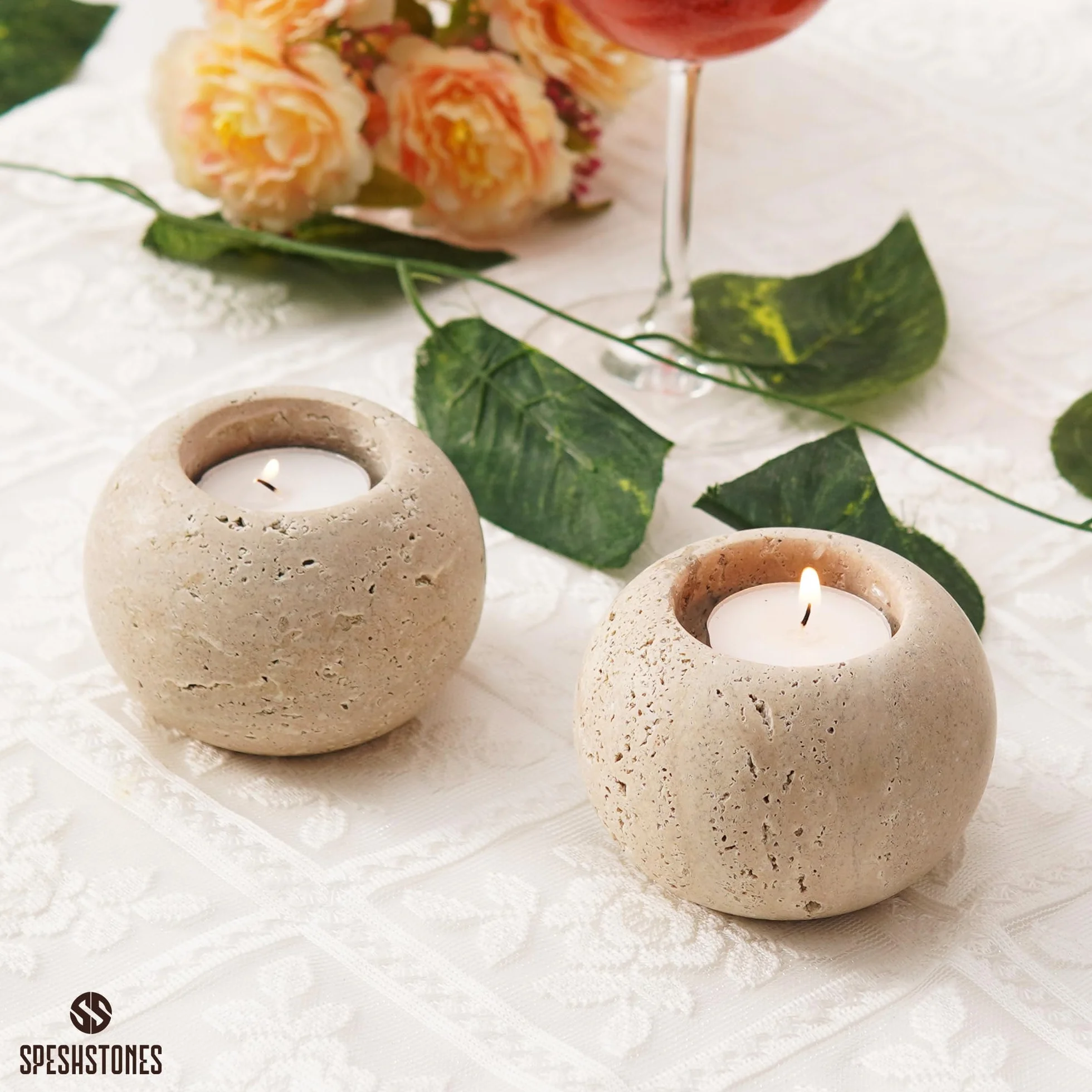 SPESHSTONES marmurowe świeczniki na świeczki tealight 3.5 cala Trawertynowe świeczniki wotywne na prezenty ślubne i małe świeczki tealight, zestaw 2 świeczników do dekoracji stołu