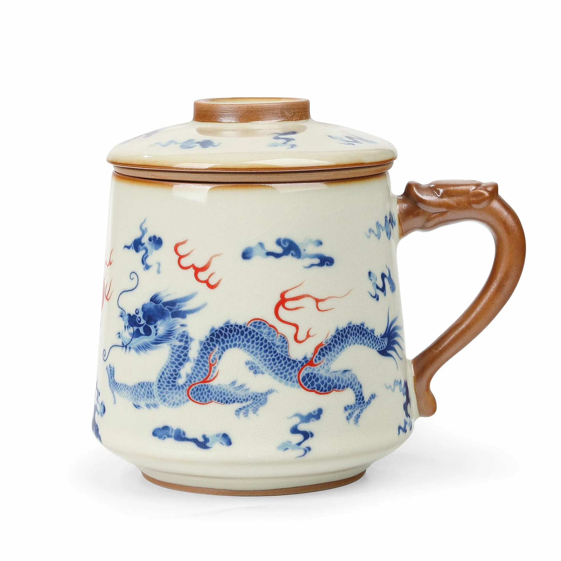 fanquare Chińskie filiżanki do herbaty z zaparzaczem i pokrywką, niebieskie filiżanki do herbaty Loong, porcelana, duża filiżanka do herbaty, na prezent domowy, 450 ml