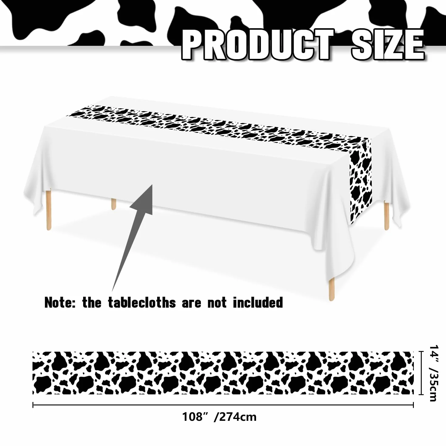 6 szt. bieżnik na stół z nadrukiem krowy, 35 x 274 cm, czarno-biały bieżnik na stół krowy, obrus z nadrukiem krowy, zachodni obrus na urodziny, zachodni podwórko, dekoracja stołu do domu