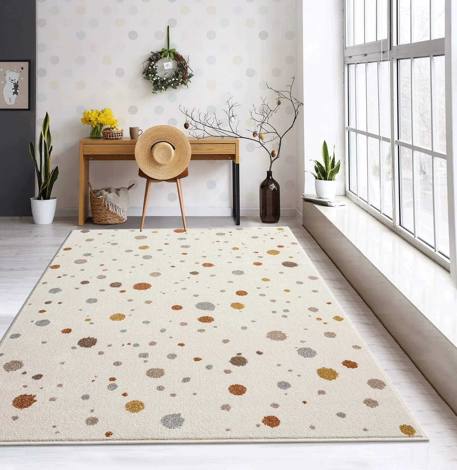 the carpet Beat Kids – Nowoczesny, miękki dywan dziecięcy, miękkie runo, łatwy w pielęgnacji, trwałe kolory, wzór w kropki, kolor kremowy, 160 x 220 cm