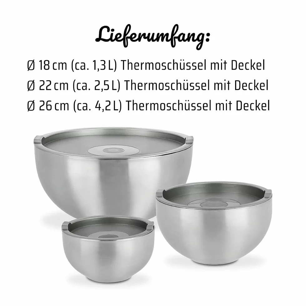 GSW 824019 6-częściowy zestaw misek termicznych z pokrywką z tworzywa sztucznego, stal nierdzewna, srebrna, 26 cm, 6 sztuk