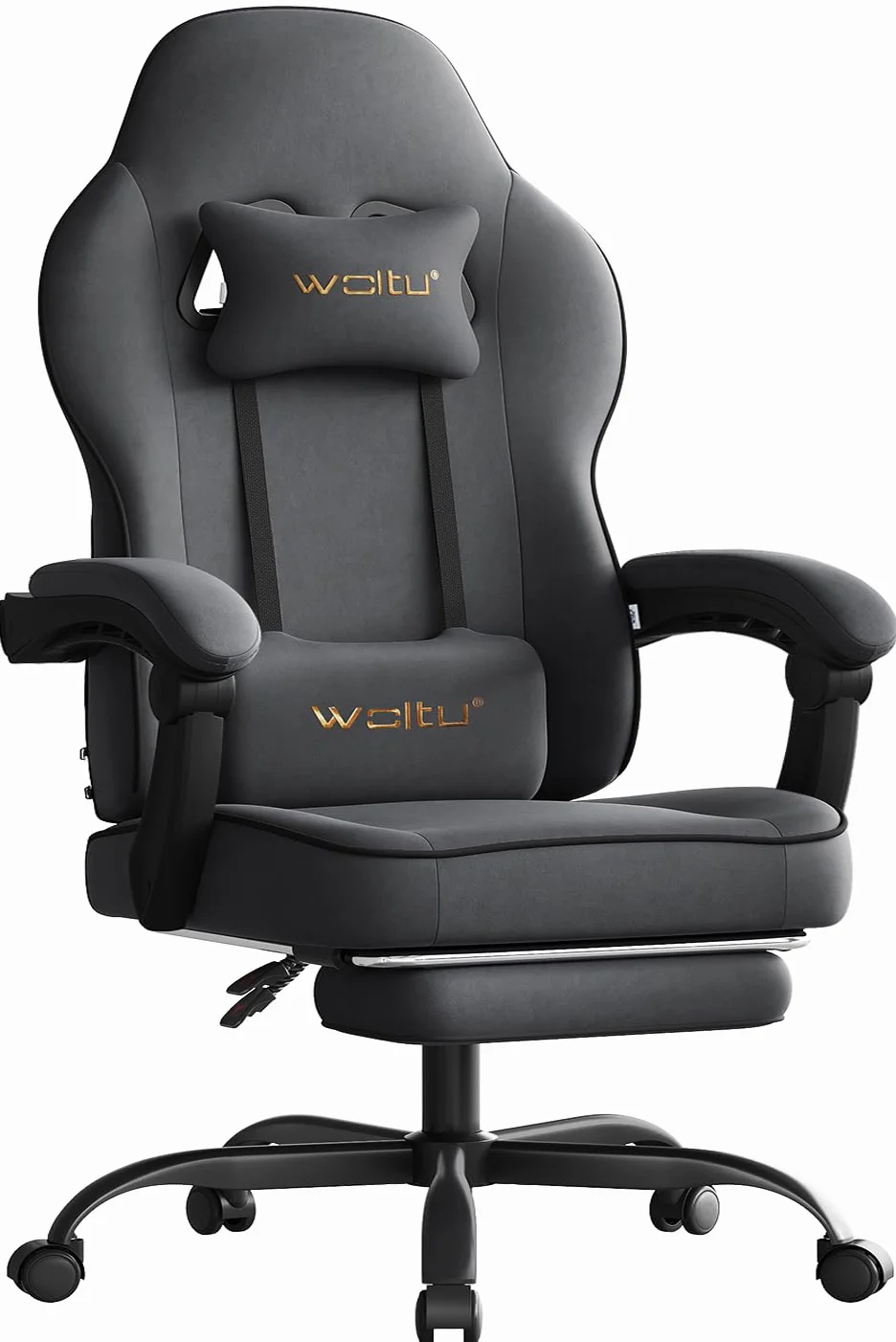 WOLTU Fotel gamingowy z tkaniny z wygodną podstawą sprężynową, chłodny latem, krzesło dla graczy o wysokiej wytrzymałości, ergonomiczne z poduszką na głowę, poduszką lędźwiową, podnóżkiem, tkanina