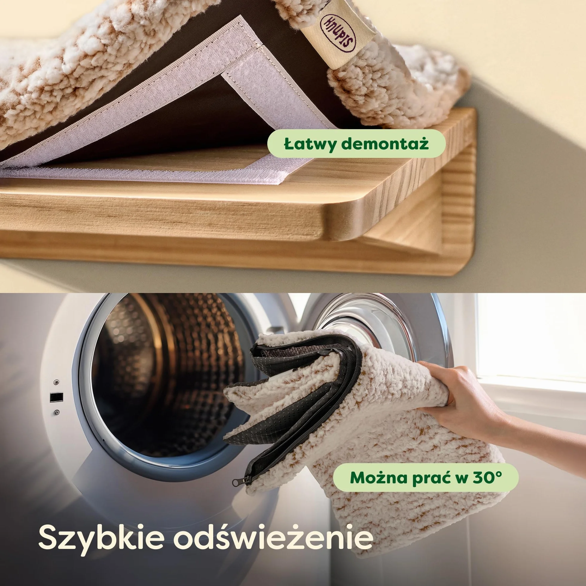 Knupis Zestaw Ściennej Drabinki dla Kota z Legowiskiem, Drewno Sosnowe, Stabilna Półka Ścienna do 30 kg, Beżowy