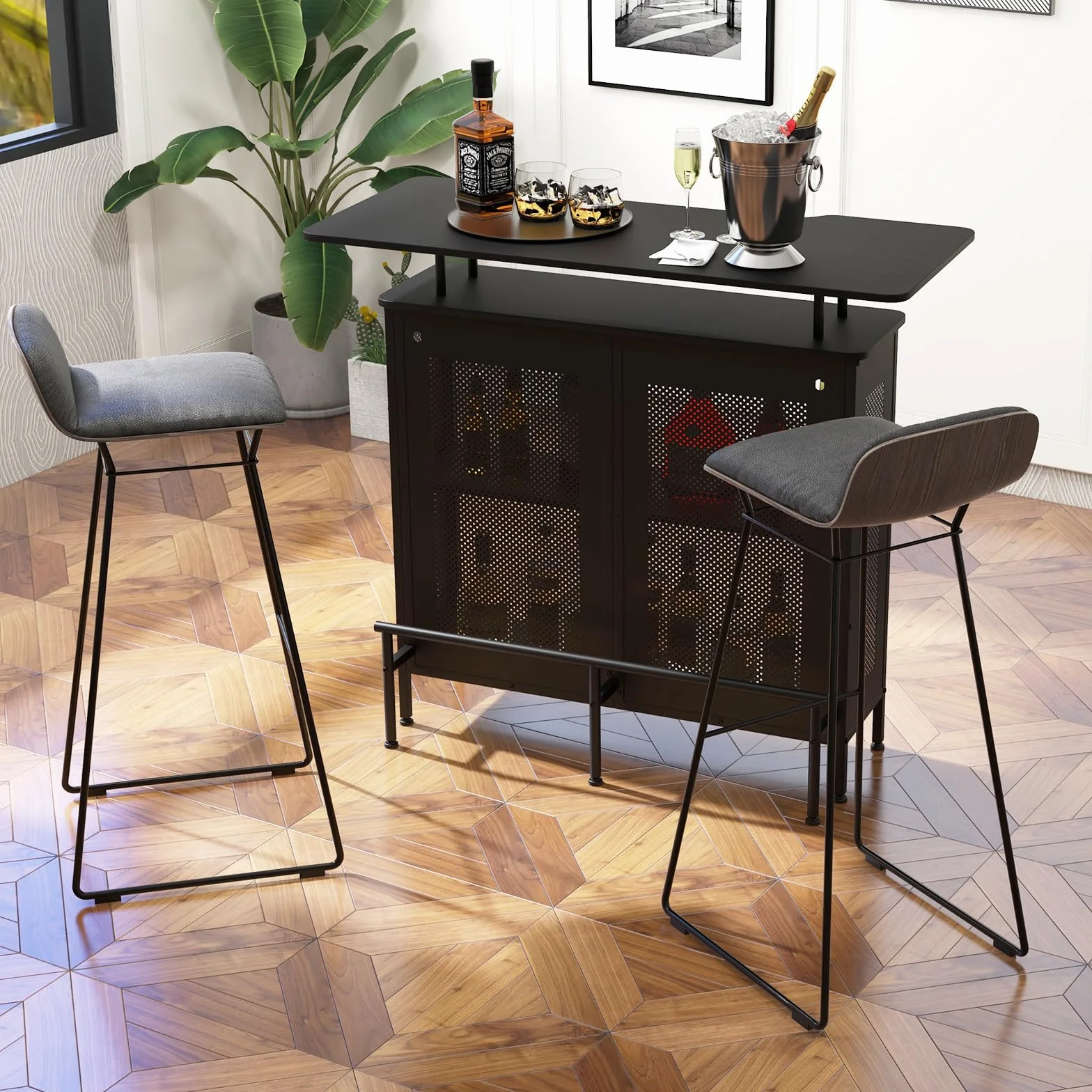 KOMFOTTEU Stół barowy z 2 półkami i podnóżkiem, 120 x 50 x 106,5 cm, blat kuchenny z dużą przestrzenią do przechowywania i regulowanym podnóżkiem, bar domowy