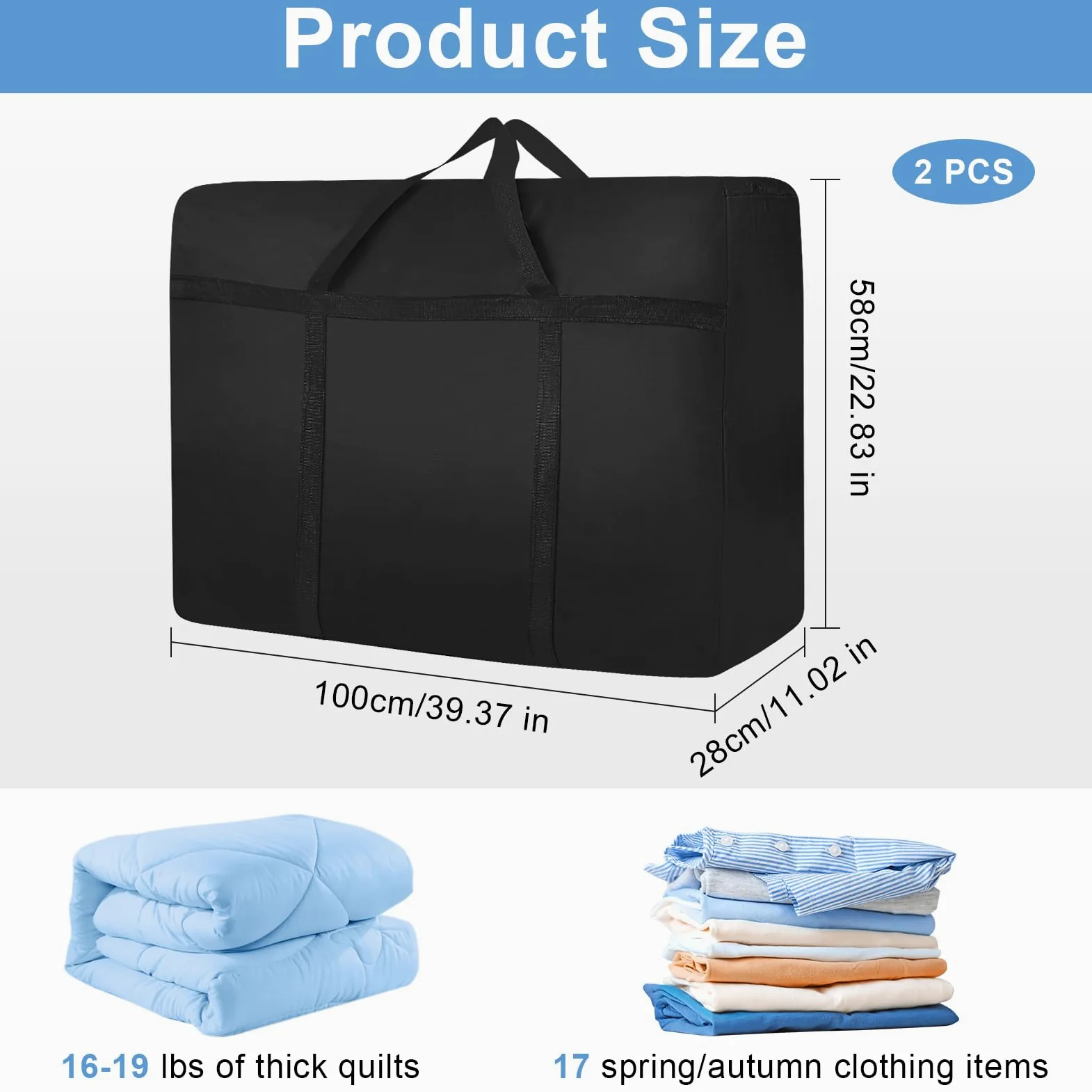 Duża torba podróżna, 2 sztuki, do przeprowadzki, 180 l (100 cm x 58 cm x 28 cm), 600d Oxford Jumbo torba z zamkiem błyskawicznym, torba do przechowywania kołder, ubrań, pościeli