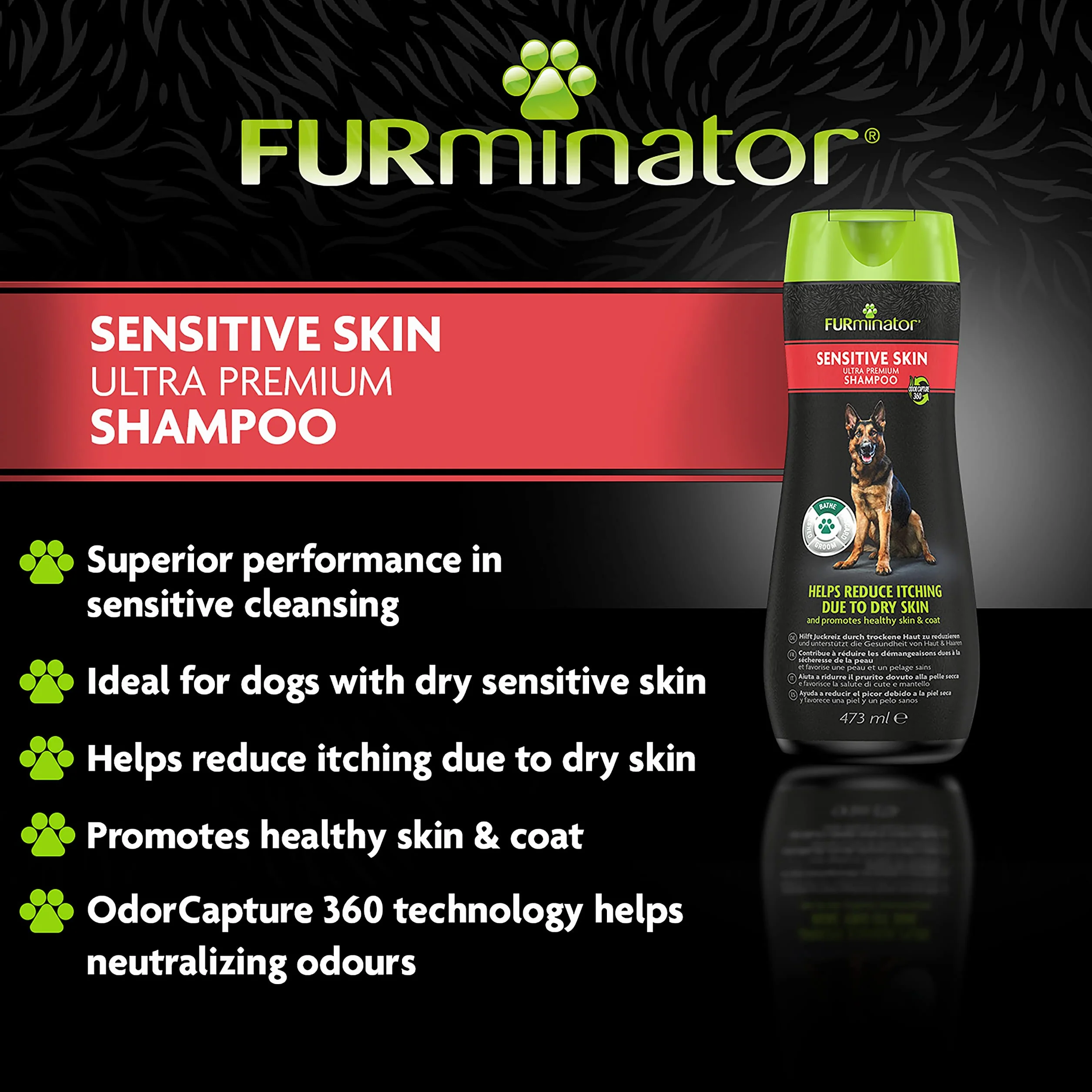 FURminator Sensitive Skin szampon dla psów – szampon premium dla psów o wrażliwej skórze, redukuje swędzenie spowodowane suchą skórą, 473 ml