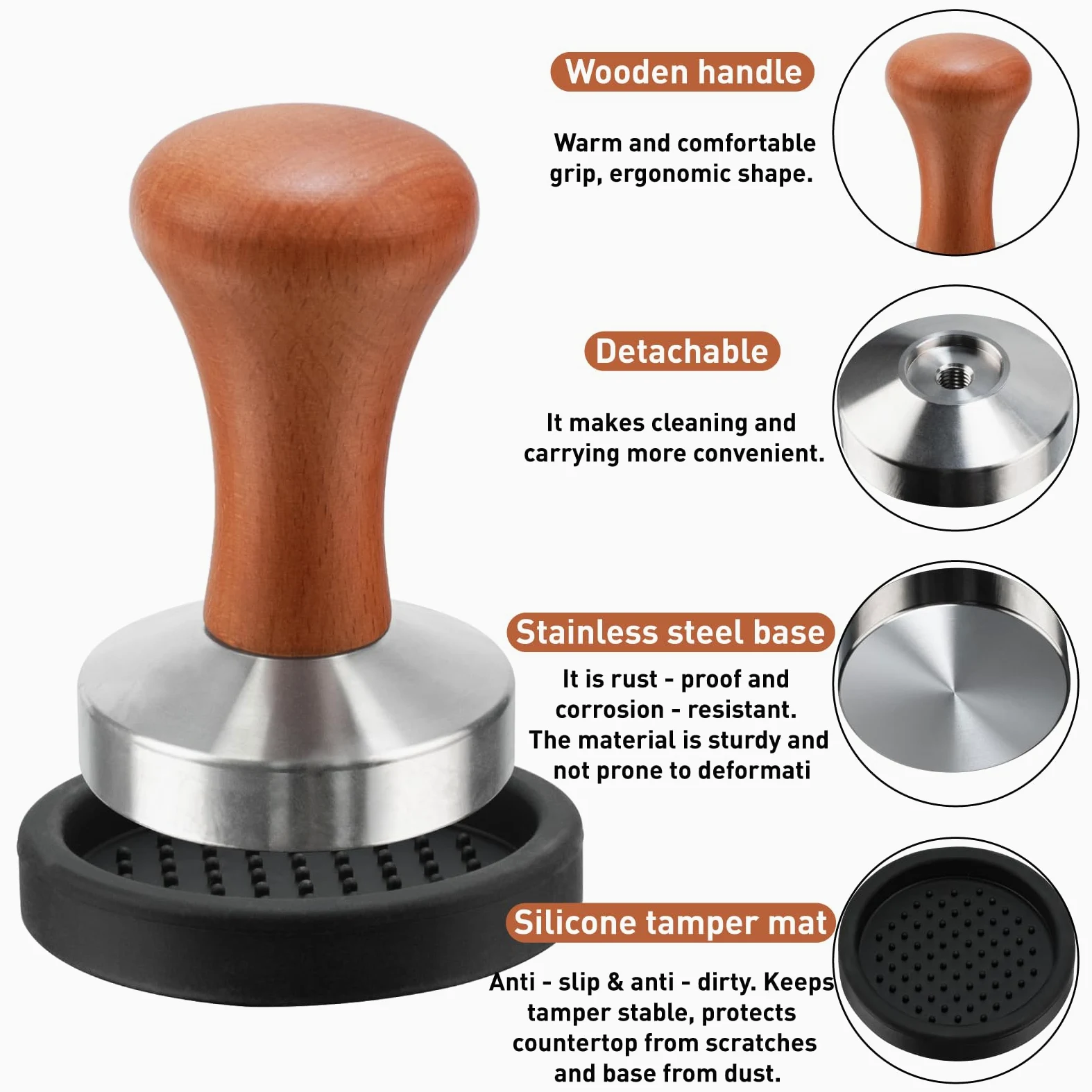 Tamper do espresso, 58 mm, tamper do kawy, z drewnianym uchwytem i matą silikonową, ubijak do kawy, silikonowy ubijak do kawy, ze stali nierdzewnej