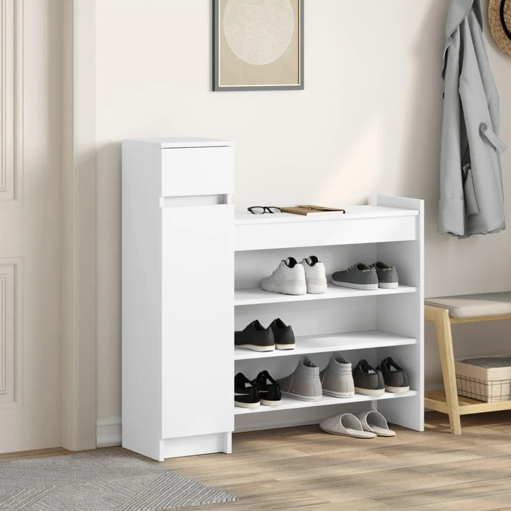 Biała szafka na buty, materiał drewnopochodny, 100,5 x 28 x 100 cm, z 1 szufladą, 2 drzwi, 4 półki, do korytarza, wejścia, sypialni, stylowa