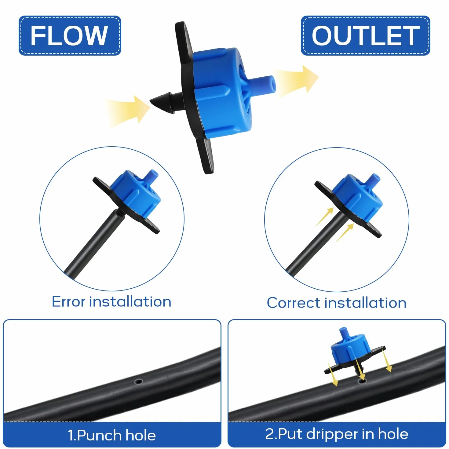 60 sztuk mikro-drip-System kroplowników z regulacją ciśnienia, 2 l/h, żółte, 4 l/h, czarne, 8 l/h, niebieskie do nawadniania w rolnictwie i prac ogrodowych