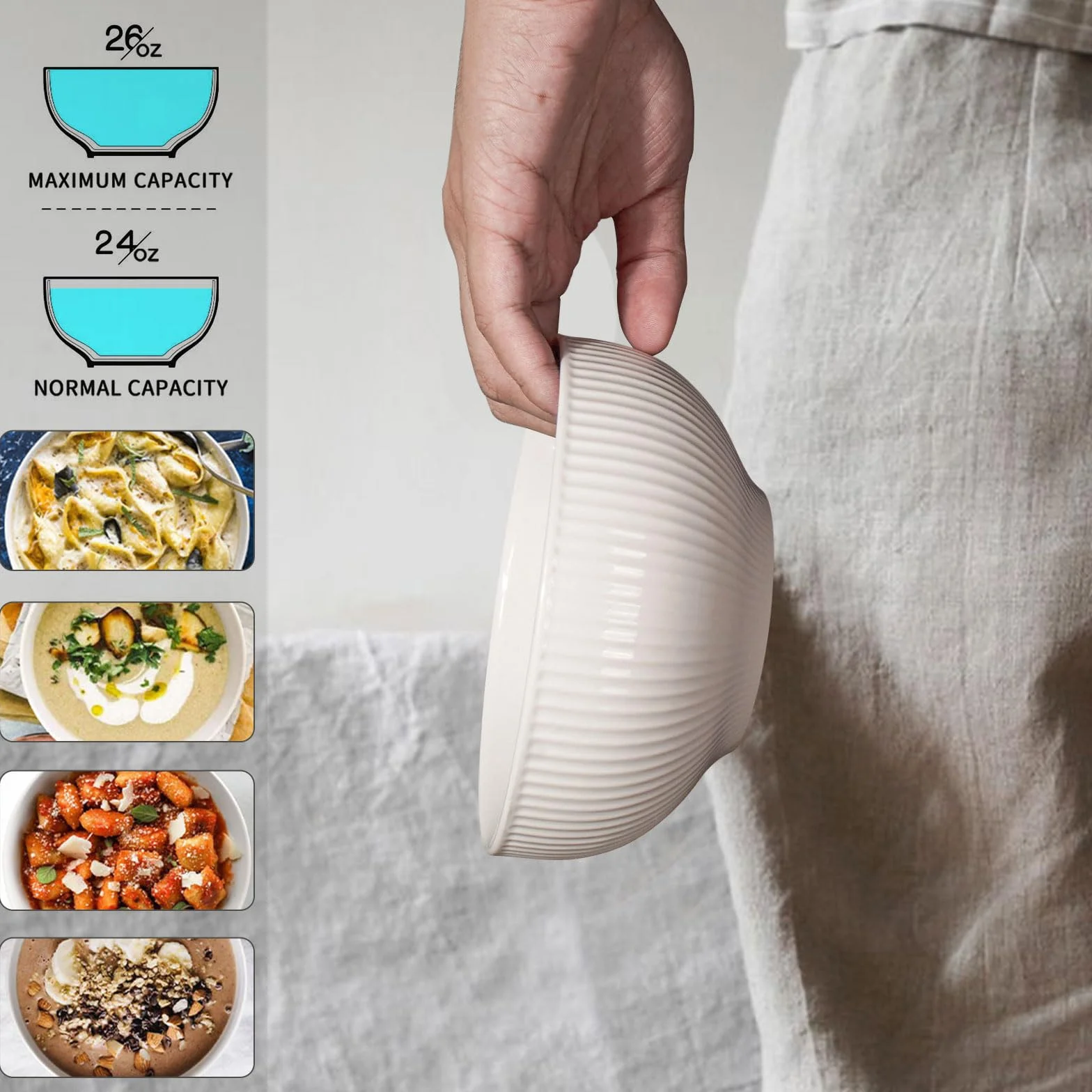 Artena Ceramiczne miski na musli, 740 ml, wytłaczane miski do zupy, zestaw 6 sztuk, białe miski do sałatek do kuchni, miski obiadowe 15 cm na śniadanie, płatki owsiane, ryż, makaron, zmywarka,