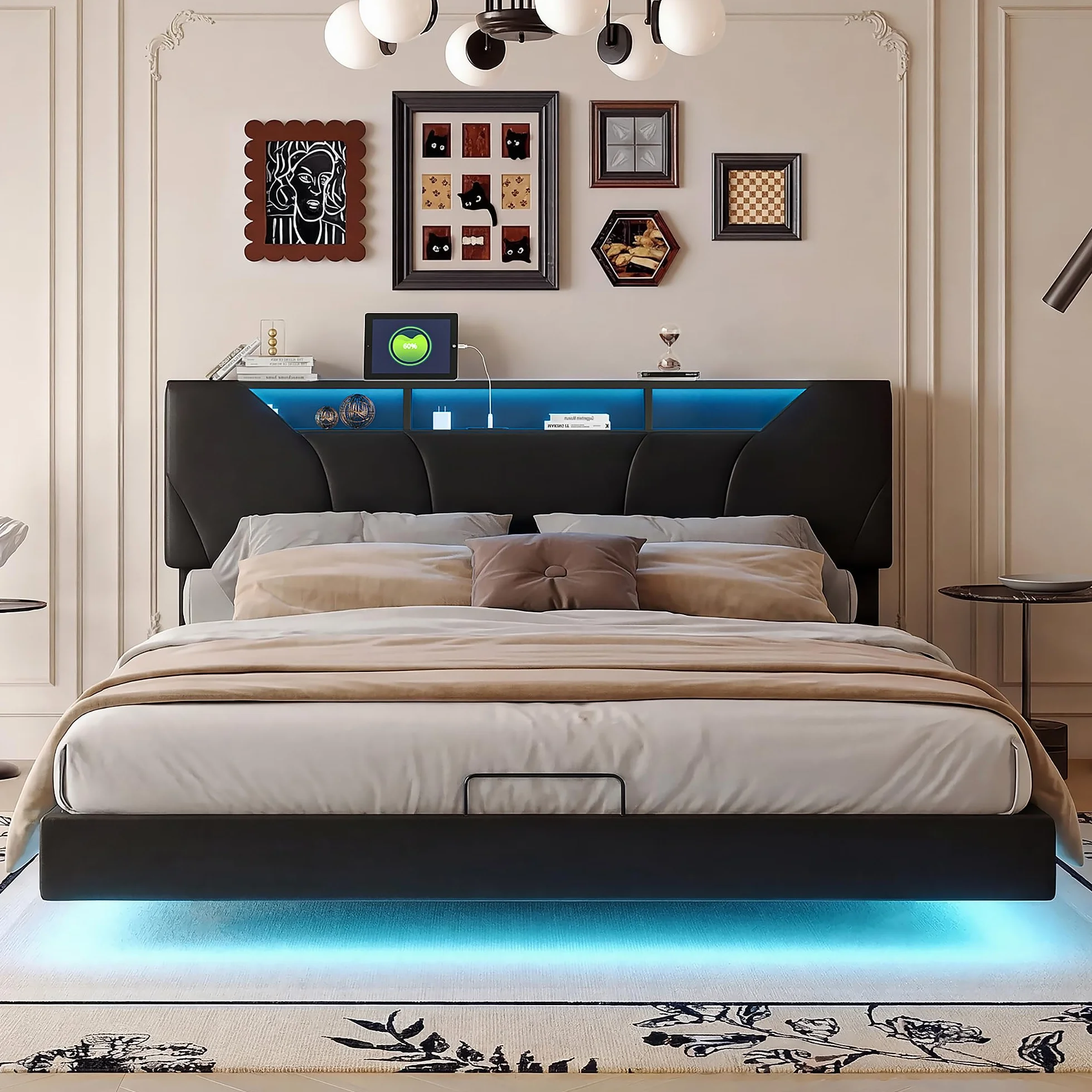 Łóżko bagażowe 140 x 200 z oświetleniem LED, podwójne łóżko tapicerowane z ładowaniem USB, łóżka pływające z hydrauliką, zagłówek z regulacją wysokości, PU, czarne (Czarny-A, 140×200cm)