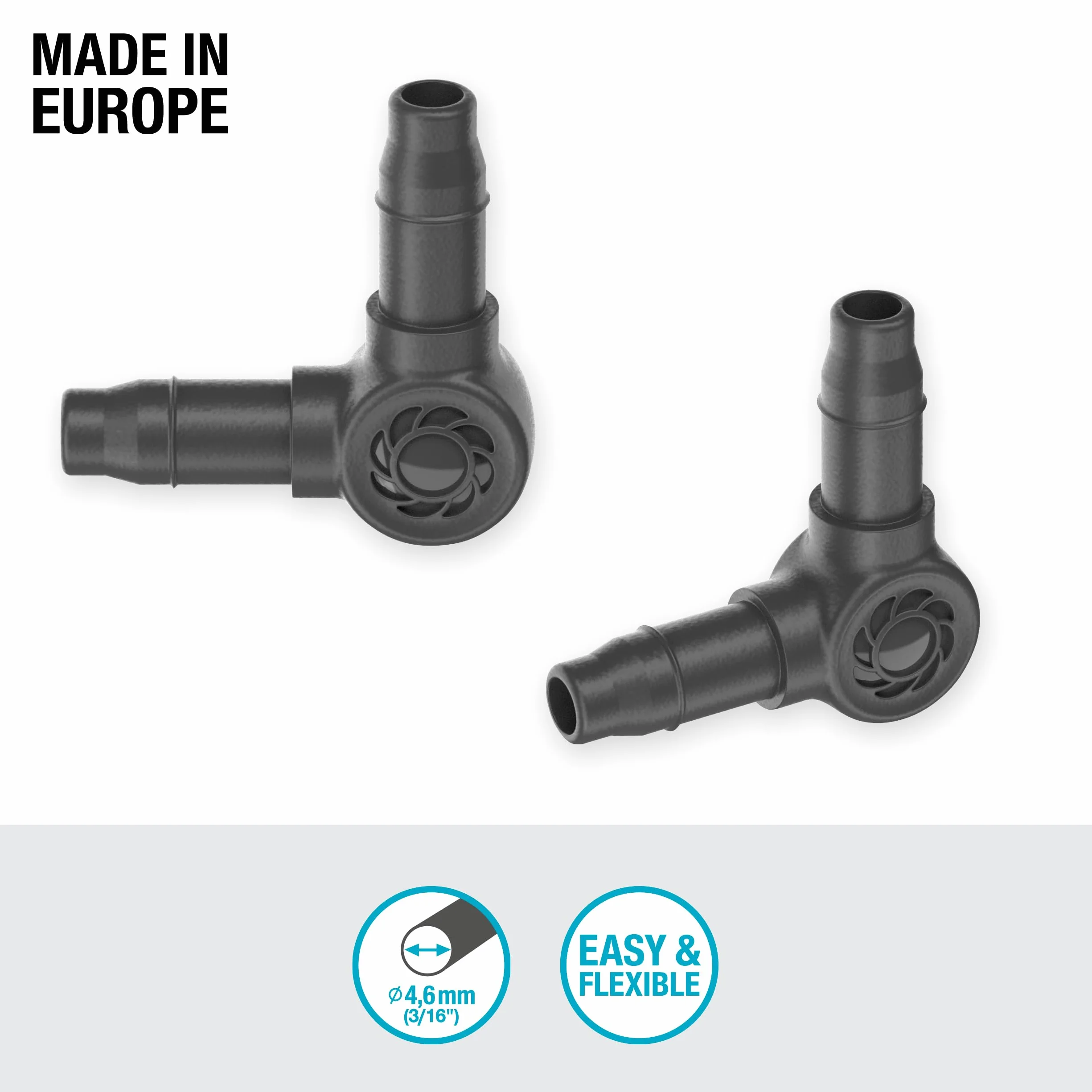 Gardena System Micro-Drip element L 4,6 mm (3/16 cala): Do zmiany kierunku o 90 stopni rur rozdzielających i kroplujących, instalacja bez zagięć, technika połączeniowa Easy & Flexible (13212-20)