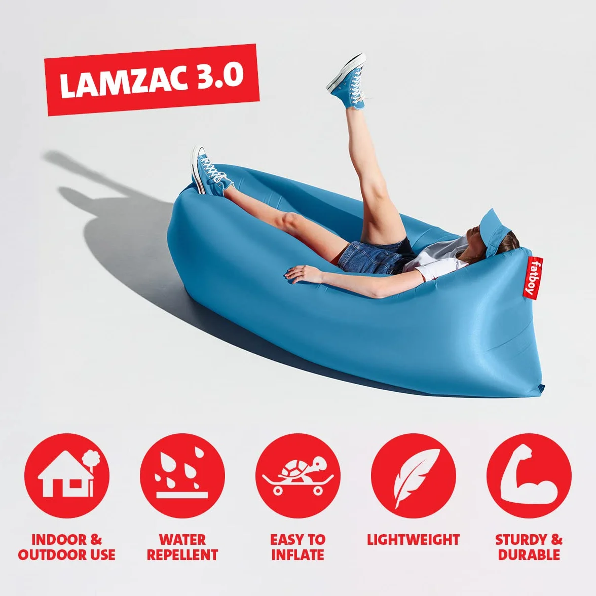 Fatboy Lamzac 3.0 Nadmuchiwany leżak, dla dorosłych i dzieci, bez pompki, do użytku wewnątrz i na zewnątrz, błękitny
