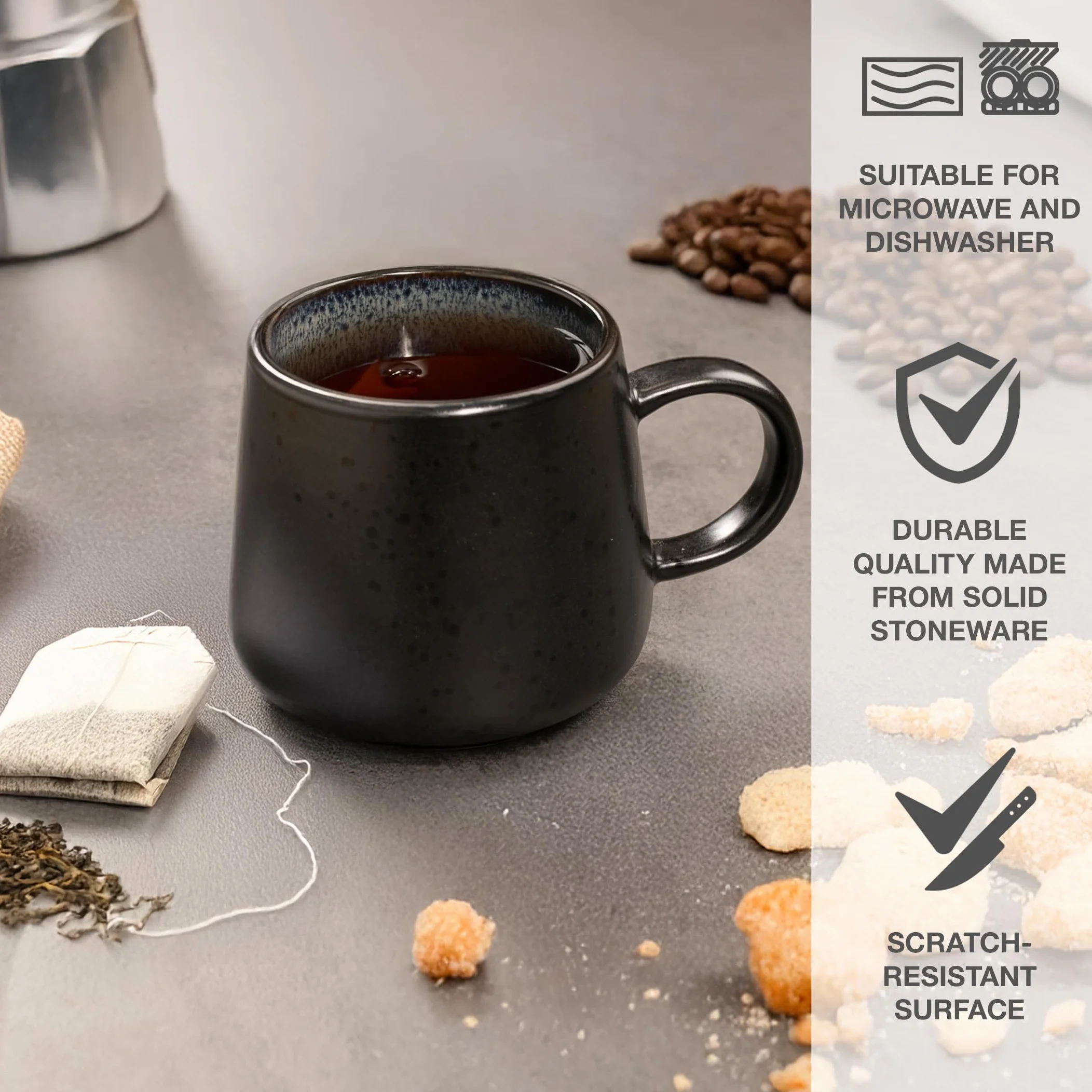 Moritz & Moritz SOLID zestaw 6 filiżanek czarno-szarych – zestaw kubków do kawy z wytrzymałej kamionki – pojemność 400 ml – nadają się do mycia w zmywarce i używania w kuchence mikrofalowej – idealne