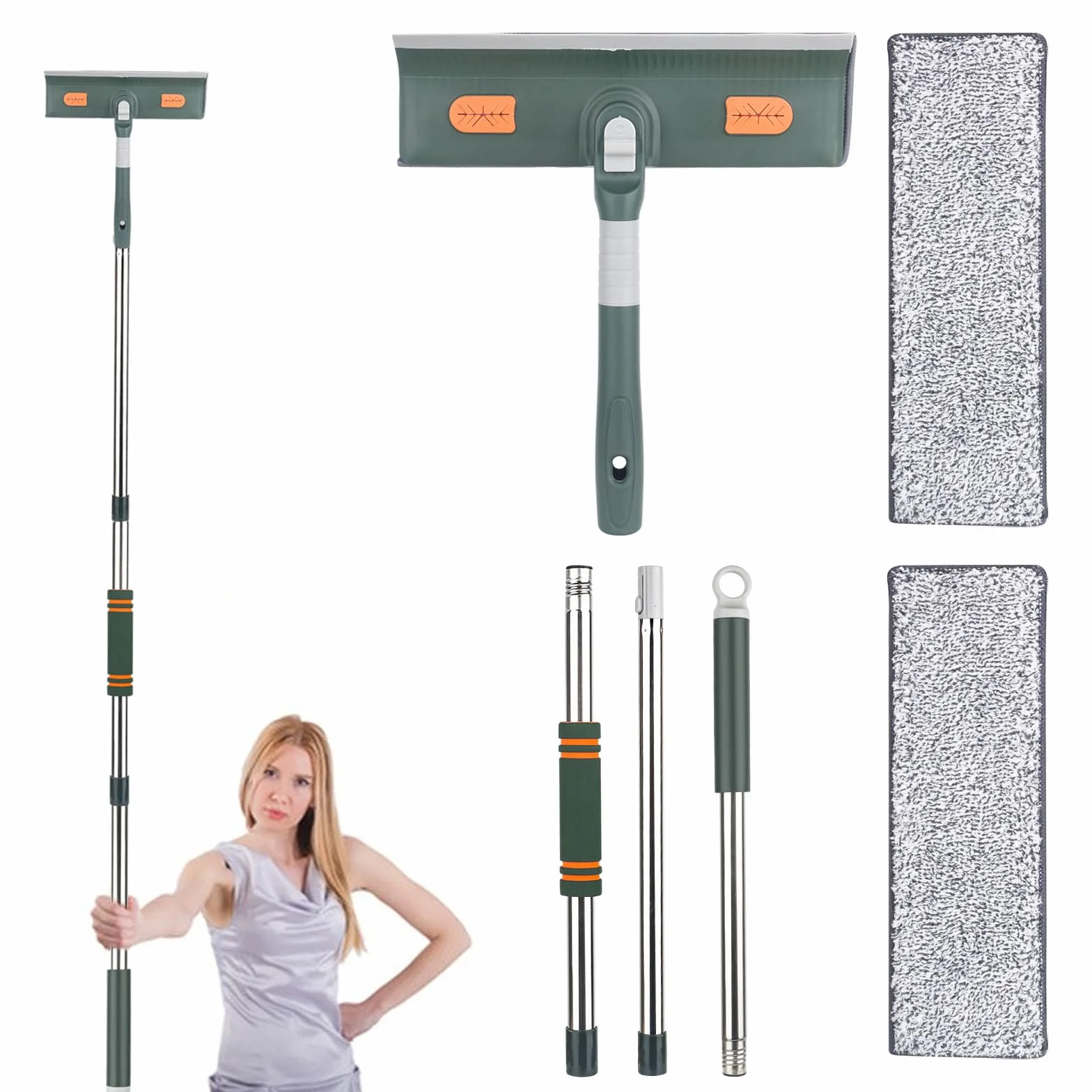 myjka do okien z drążkiem teleskopowym, 144 cm, drążek teleskopowy 2 w 1, długa myjka do okien z gumową krawędzią i 3 wkładkami z mikrofibry do wysokich okien, wewnątrz i na zewnątrz