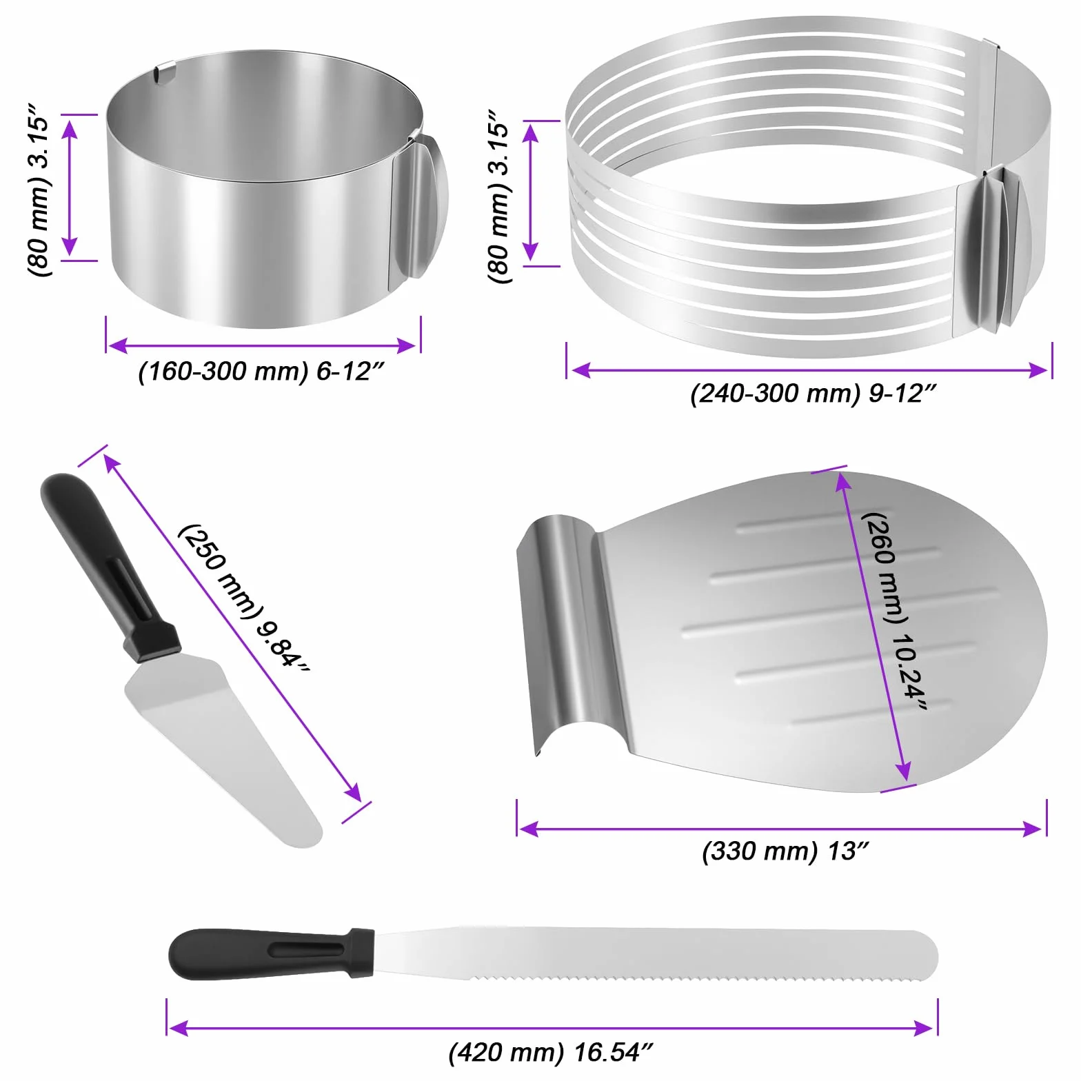 5-cz??ciowy zestaw narz?dzi do krojenia tortów, akcesoria do tortów, 20-30 cm, pomoc do ci?cia 15-12 cm, pier?cie? do tortów, regulowany pier?cie? do tortów, nó? cukierniczy, ?opatka do ciasta