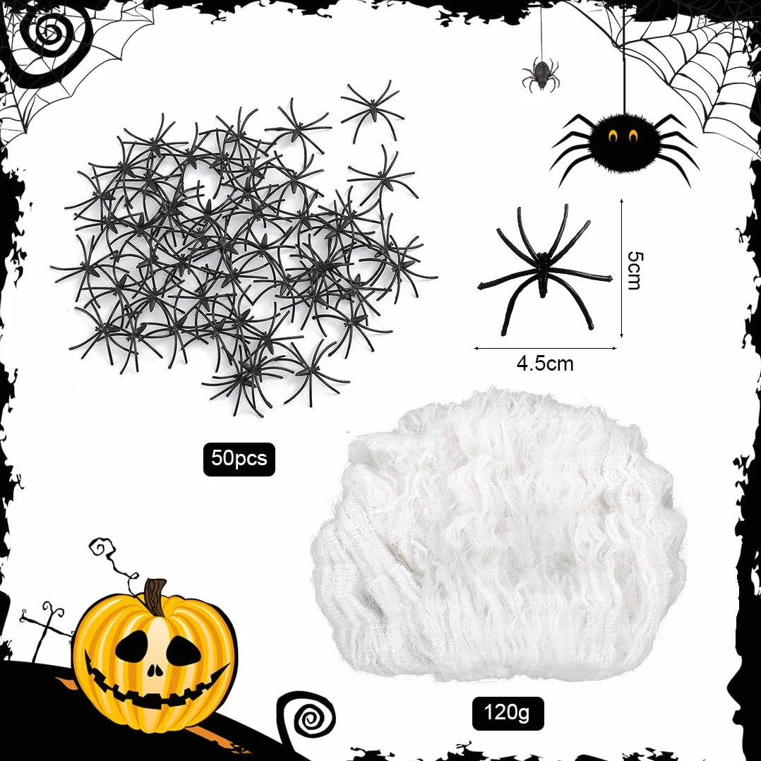 Augesak Dekoracja na Halloween, pajęczyna, 120 g, dekoracja na Halloween, do użytku na zewnątrz, z 50 czarnymi pająkami, realistyczna dekoracja na imprezę z horroru, dekoracja ogrodu