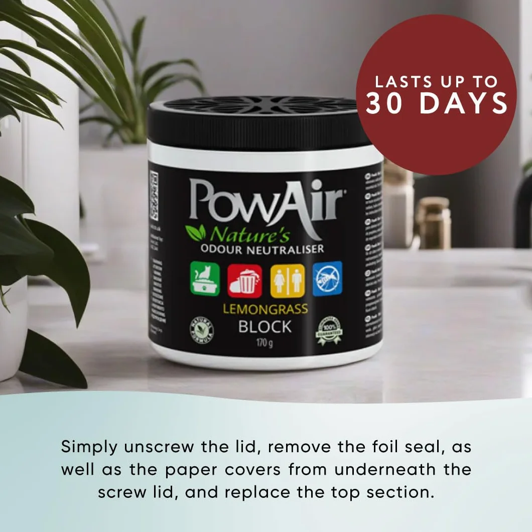 PowAir Block naturalny neutralizator zapachów - trawa cytrynowa 170 g - kontrola zapachu do małych pomieszczeń i obszarów - naturalna formuła