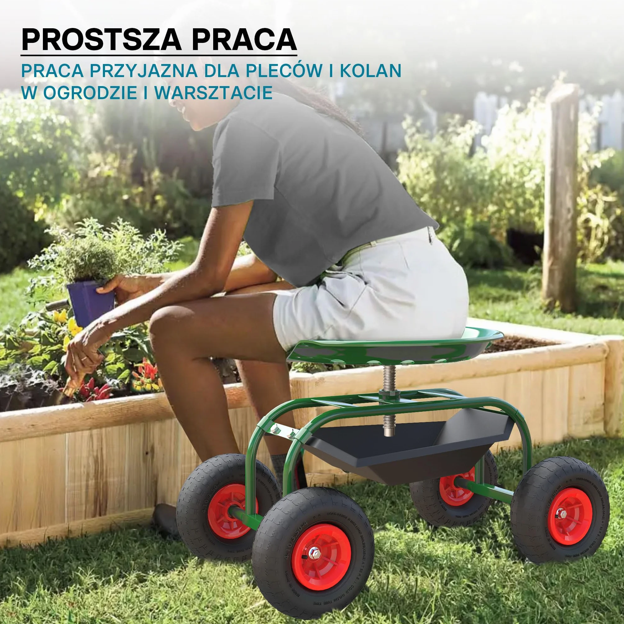 Wiltec Wózek ogrodowy z siedziskiem na kółkach i półką do ogrodu, taboret warsztatowy, mobilne siedzisko robocze ze stalową konstrukcją do 150 kg