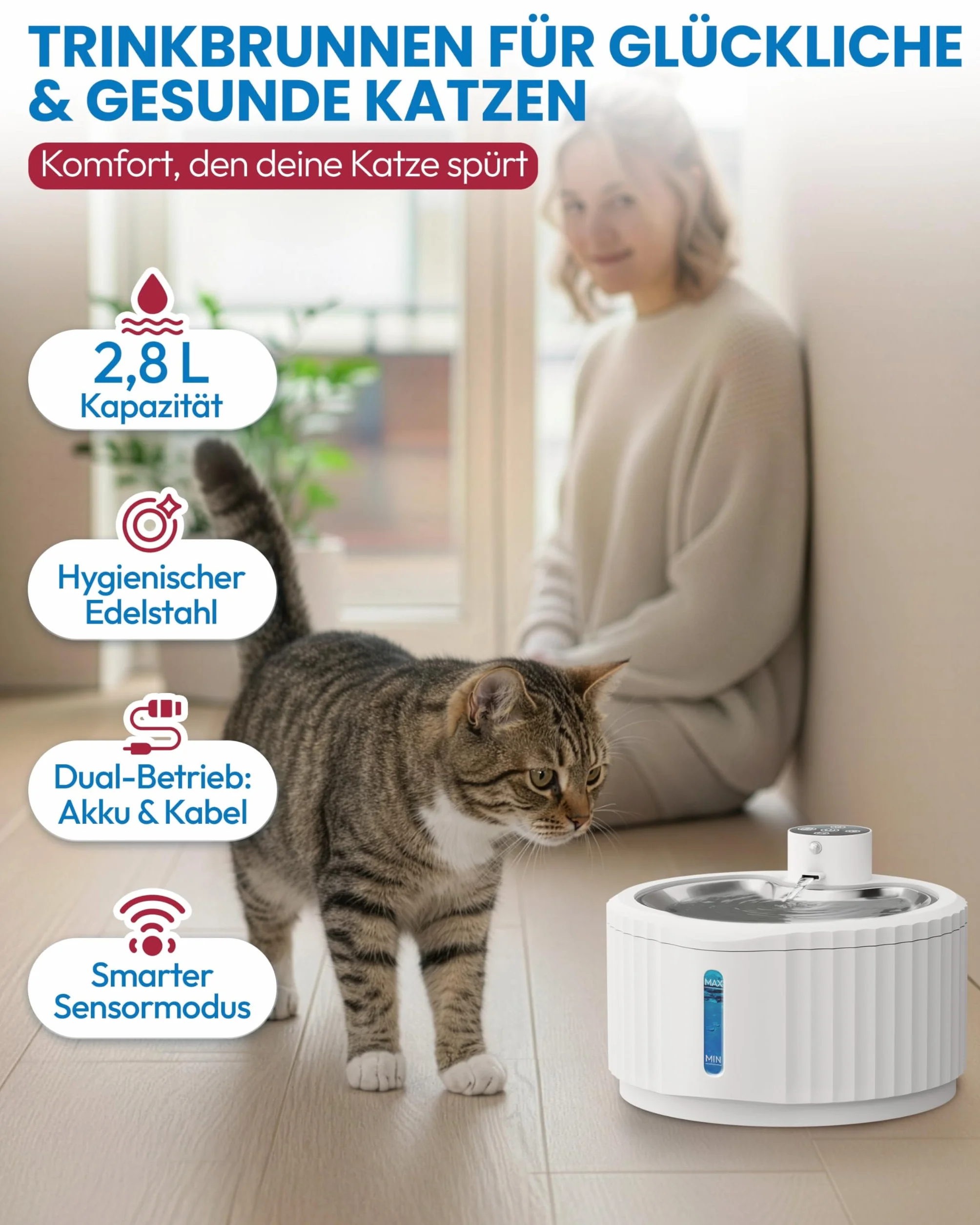 Miaura Fontanna dla kotów bezprzewodowa 2,8 l z czujnikiem ruchu