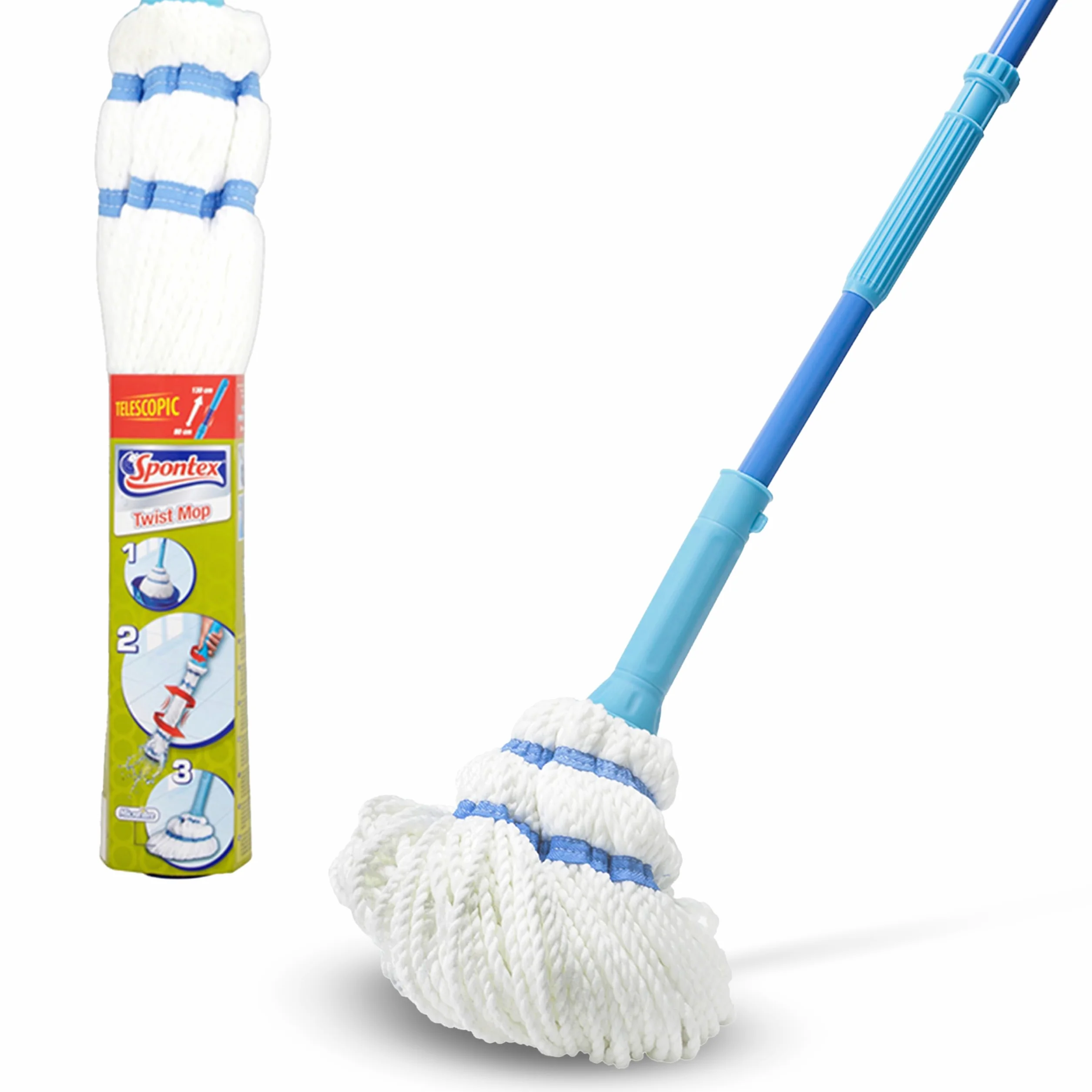 Spontex Mop Twist, mop z mikrofibry z wbudowanym systemem samoczynnego wyciskania, odporna na zarysowania podkładka do czyszczenia twardych plam, czyści laminat, drewno i płytki podłogowe, zmywalna