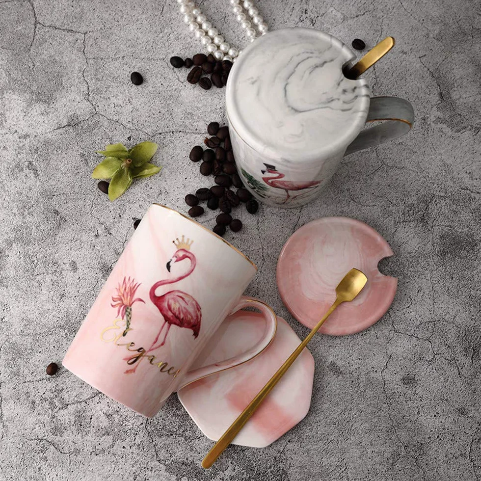 Kubek flamingowy kubek do kawy herbaty ceramiczny porcelanowy kubek z łyżką i pokrywką (flaming różowy, 400 ml)